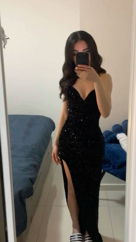 Elegant Black Sequin Long Prom Dress with High Slit - J4328 | Perfect for Evening Gala, Homecoming, and Formal Events
