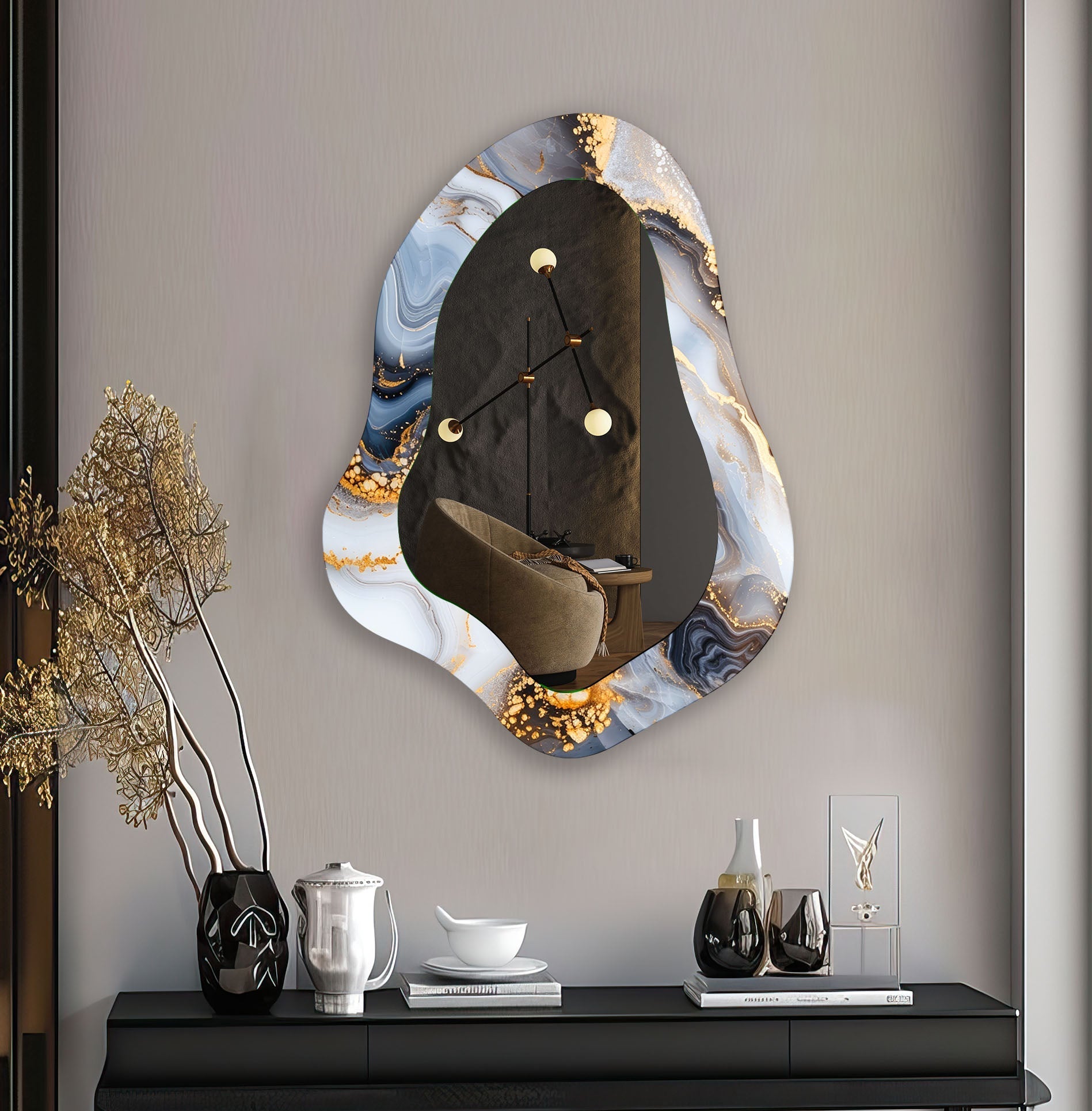 Handmade Asymmetrical Grey Alcohol Ink Wall Mirror - Unique Home Decor for Living Room, Bedroom, or Bathroom - Modern Abstract Art Piece for Wall Hanging