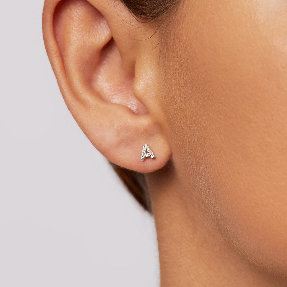Diamond Letter A Silver Stud Earrings for Women - Minimalist Initial Jewelry for Everyday Wear & Gifts