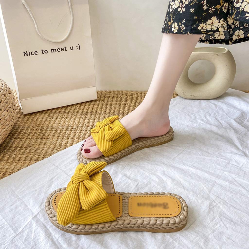 Butterfly Knot Corduroy Non-Slip Women's Indoor Slippers - Comfortable Flat Home Shoes for Spring & Autumn - Yellow Size 35 - Perfect for Living Room, Bedroom & Relaxation