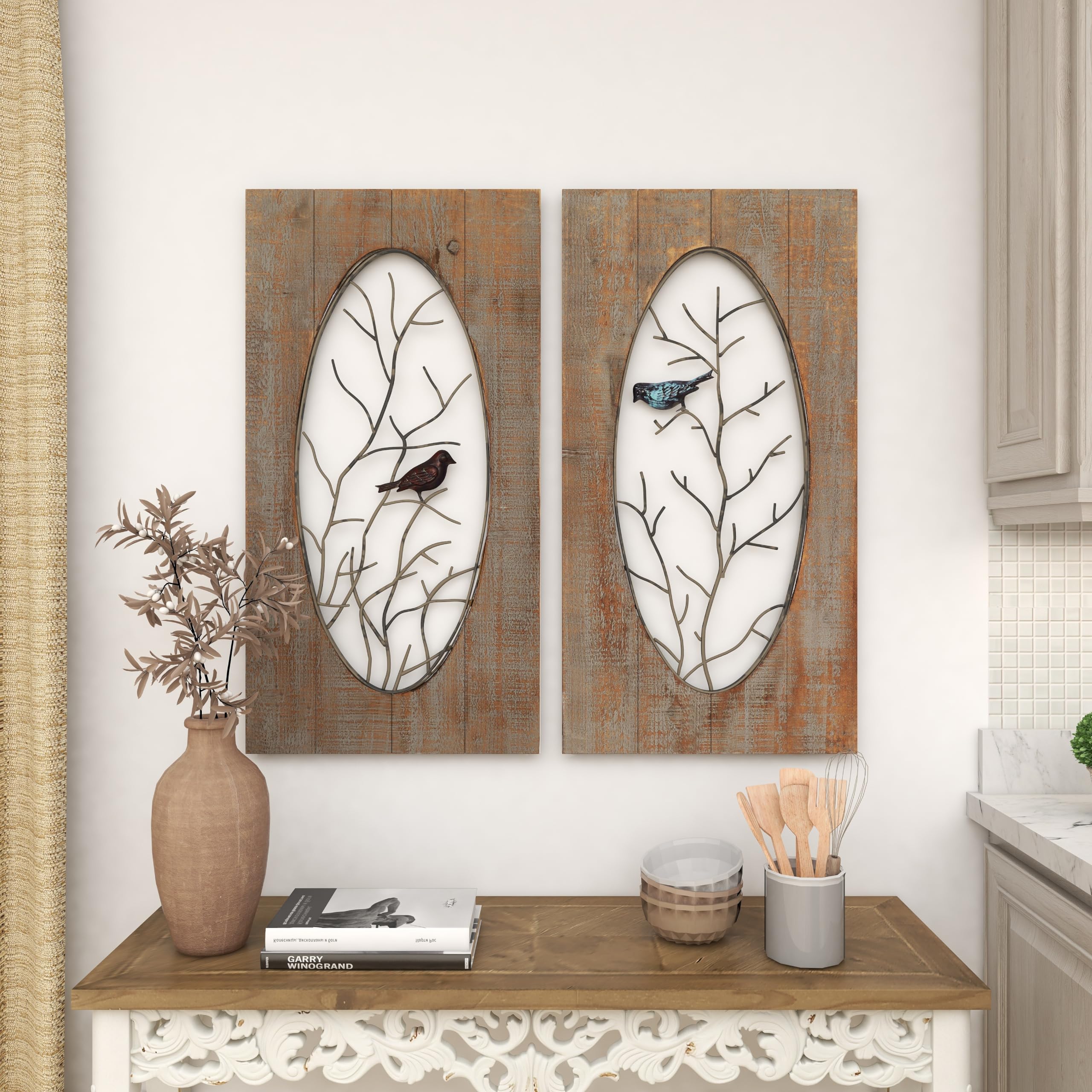 Deco 79 Wooden Bird House Wall Decor - Set of 2 Natural Branch Wall Sculptures 18x1x36 Inches, Rustic Brown Home Art - Perfect for Living Room, Bedroom & Farmhouse Decor
