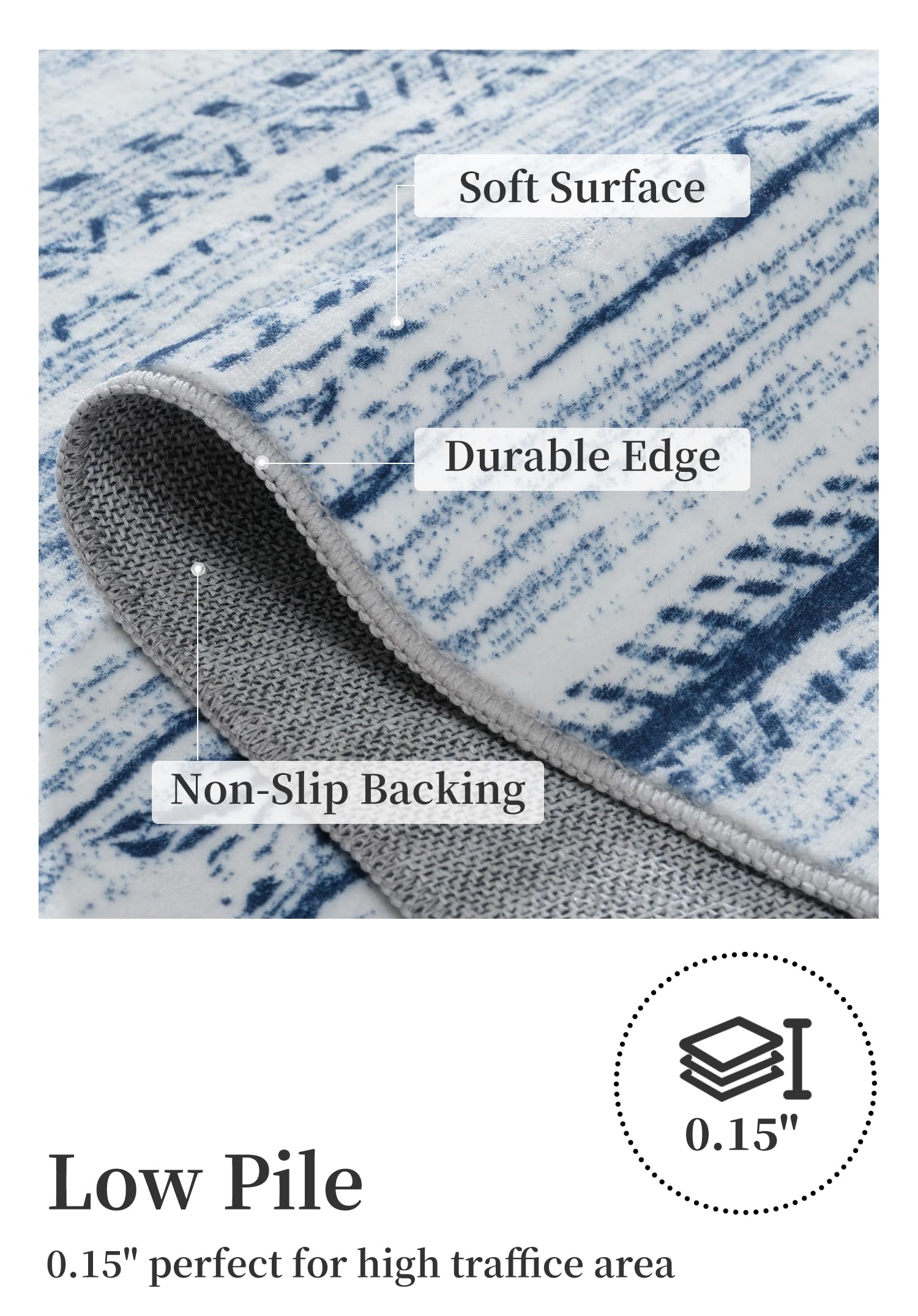 Boho Area Rug 5x7 - Distressed Moroccan Style Machine Washable Carpet - Neutral Blue Modern Rug for Living Room, Bedroom & Dining Room - Perfect for Bohemian Decor, Cozy Home & Apartment Style