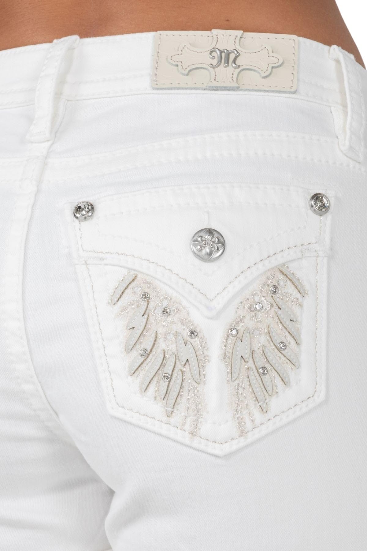 Miss Me Women's Mid-Rise Embellished White Wings Faux Flap Pocket Cuffed Denim Shorts - Perfect for Summer Outfits, Casual Wear & Beach Vacations