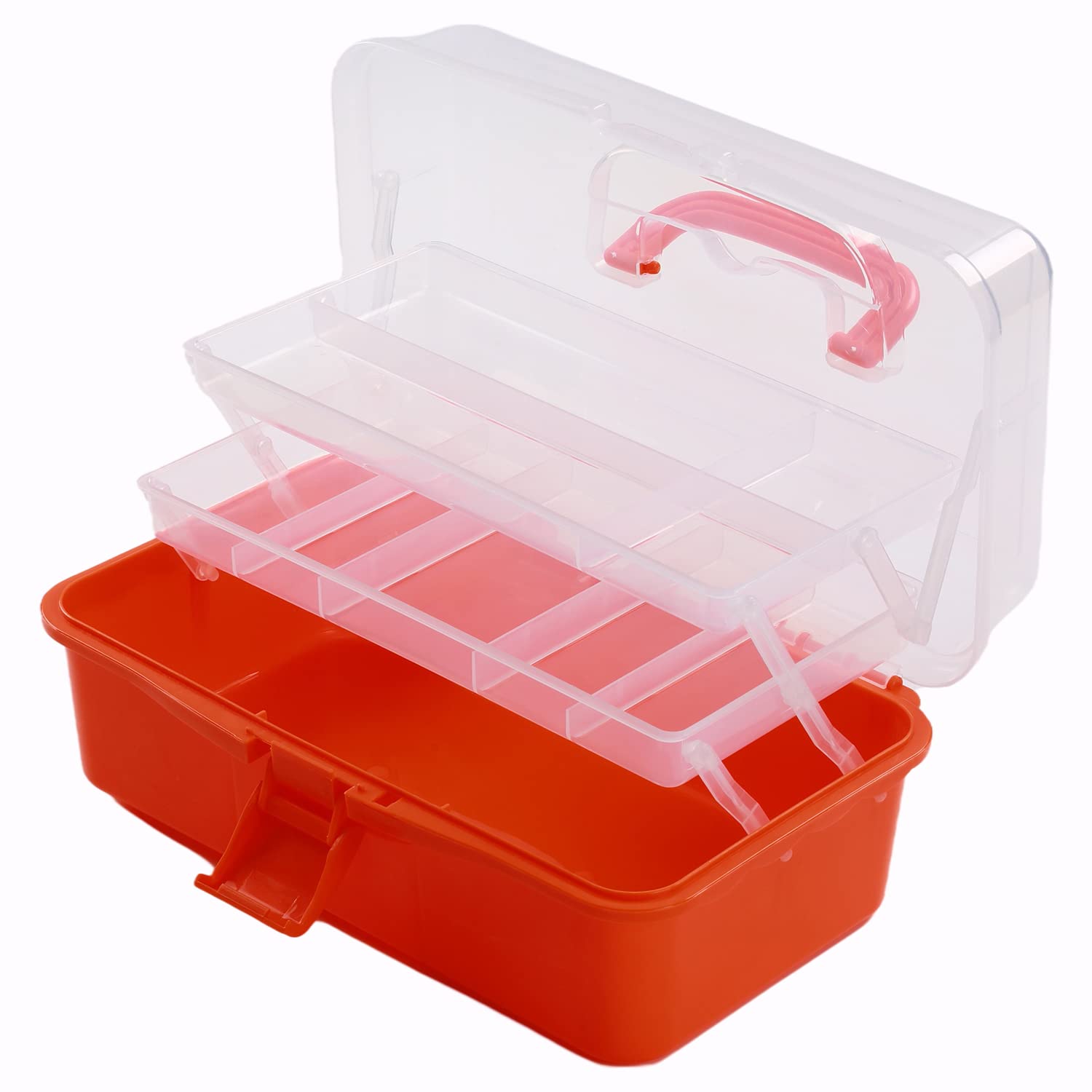 3-Tier Portable Folding Tool Box with Cantilever Tray - 13 x 7.9 x 5.9 Inches Orange Plastic Hardware Organizer for DIY, Home Repair, Car Maintenance & Worksite Storage (1 Pack)