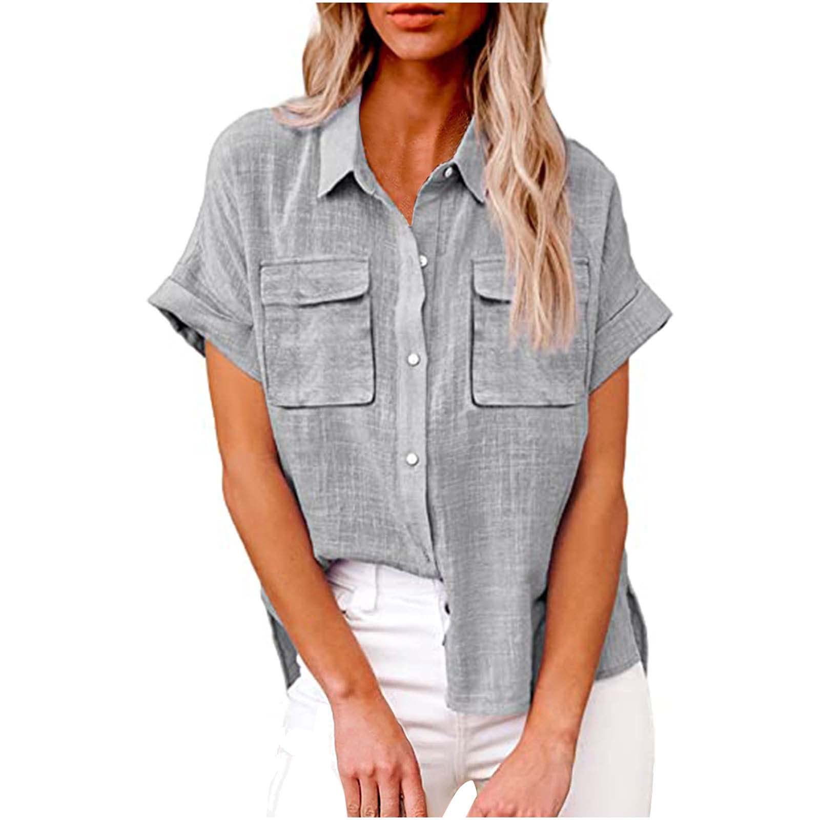Women's Linen Button Down Shirts - Short Sleeve V Neck Collared Office Blouse for Business Casual & Workwear | Slim Fit Breathable Summer Top for Office, Travel & Everyday Wear
