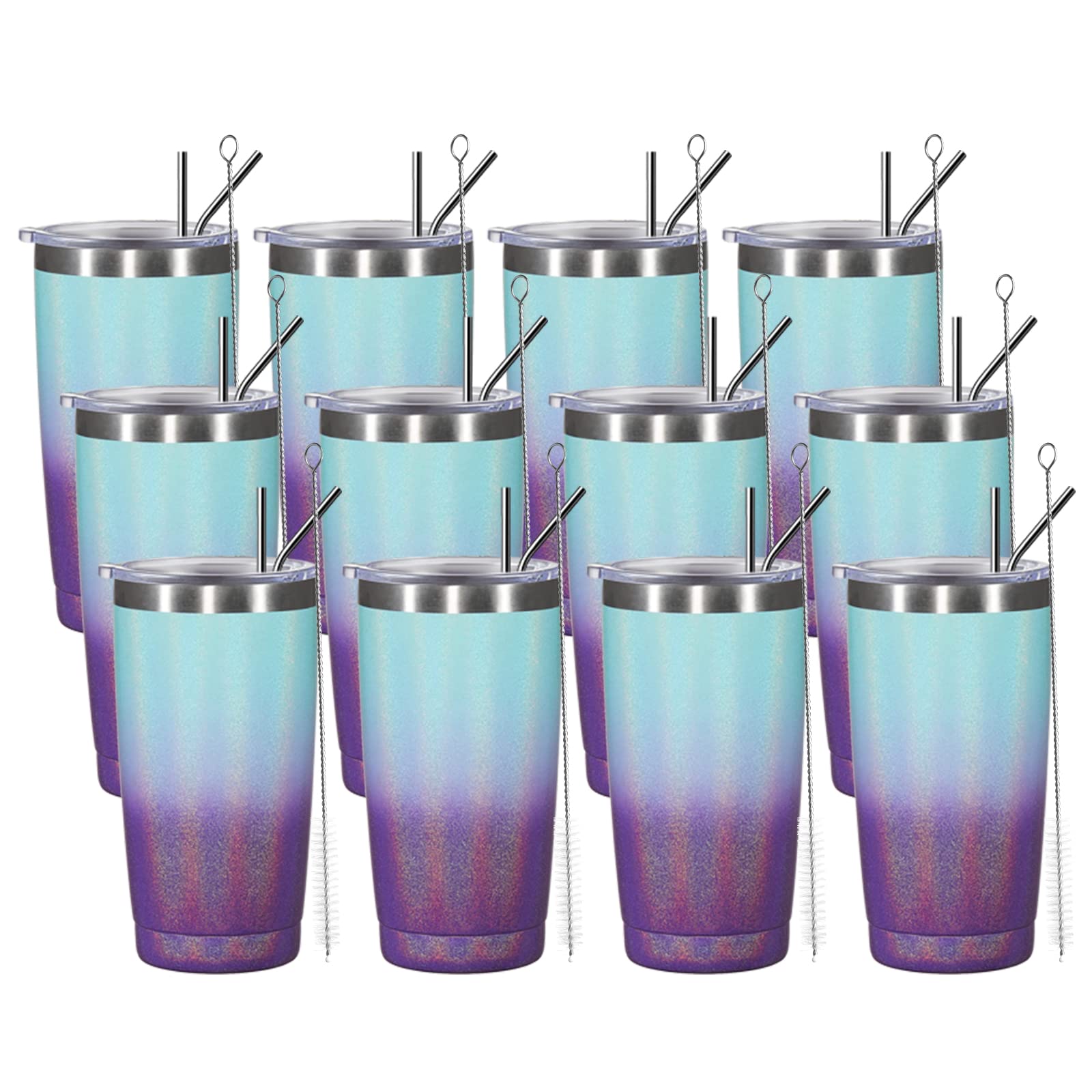 MUCHENGHY 20oz Stainless Steel Tumbler Cups with Lid & Straw - 12 Pack Bulk Vacuum Insulated Travel Mugs for Coffee, Tea & Drinks | Double Wall Thermal Cup Keeps Beverages Hot/Cold for Hours | Powder Coated Rainbow Polar Light Design - Perfect for Office, Gym, Camping & Road Trips