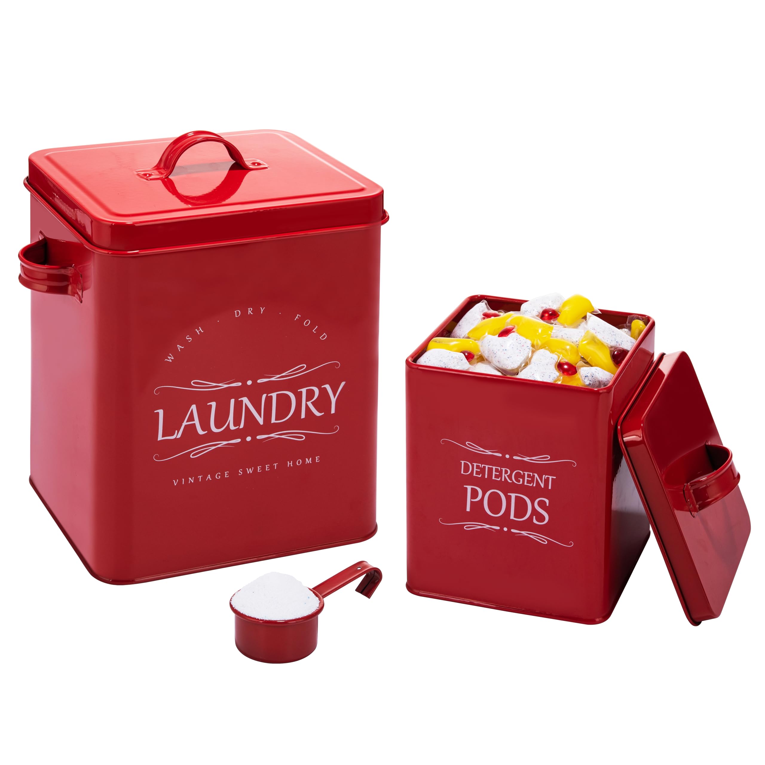 Meraki Home 2-Pack Laundry Detergent Storage Containers with Scoop - Organizer for Detergent Sheets & Pods - Glossy Red Laundry Room Organization Set - Perfect for Small Spaces & Apartment Living