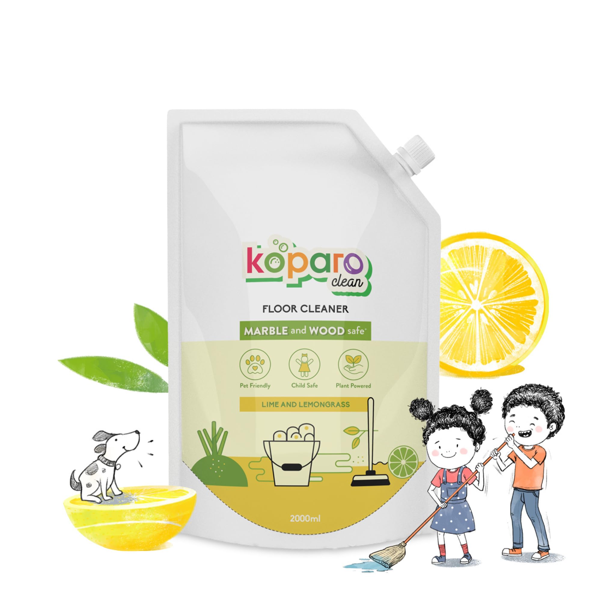 Koparo Natural Disinfectant Floor Cleaner Liquid - 2 Litres | Lime & Lemongrass Scent | Safe for Tile, Marble & Hardwood Floors | Eco-Friendly, Organic & Non-Toxic | Skin Safe, Baby & Pet Friendly | Perfect for Kitchens, Bathrooms & High-Traffic Areas