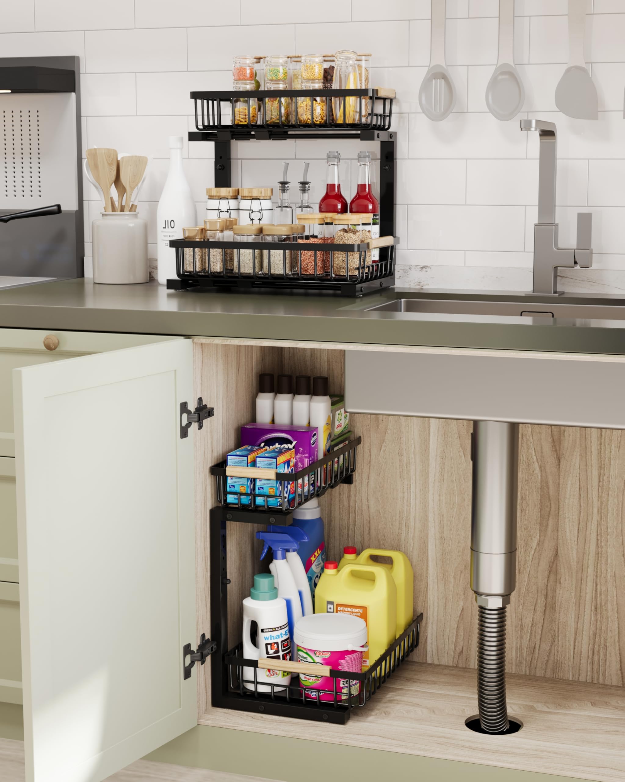 Under Sink Organizer Pull Out Storage - 2 Tier Sliding Metal Rack for Kitchen & Bathroom Cabinet (Black, 1 Pack) | Space Saving Solution for Sponges, Cleaners & Household Supplies