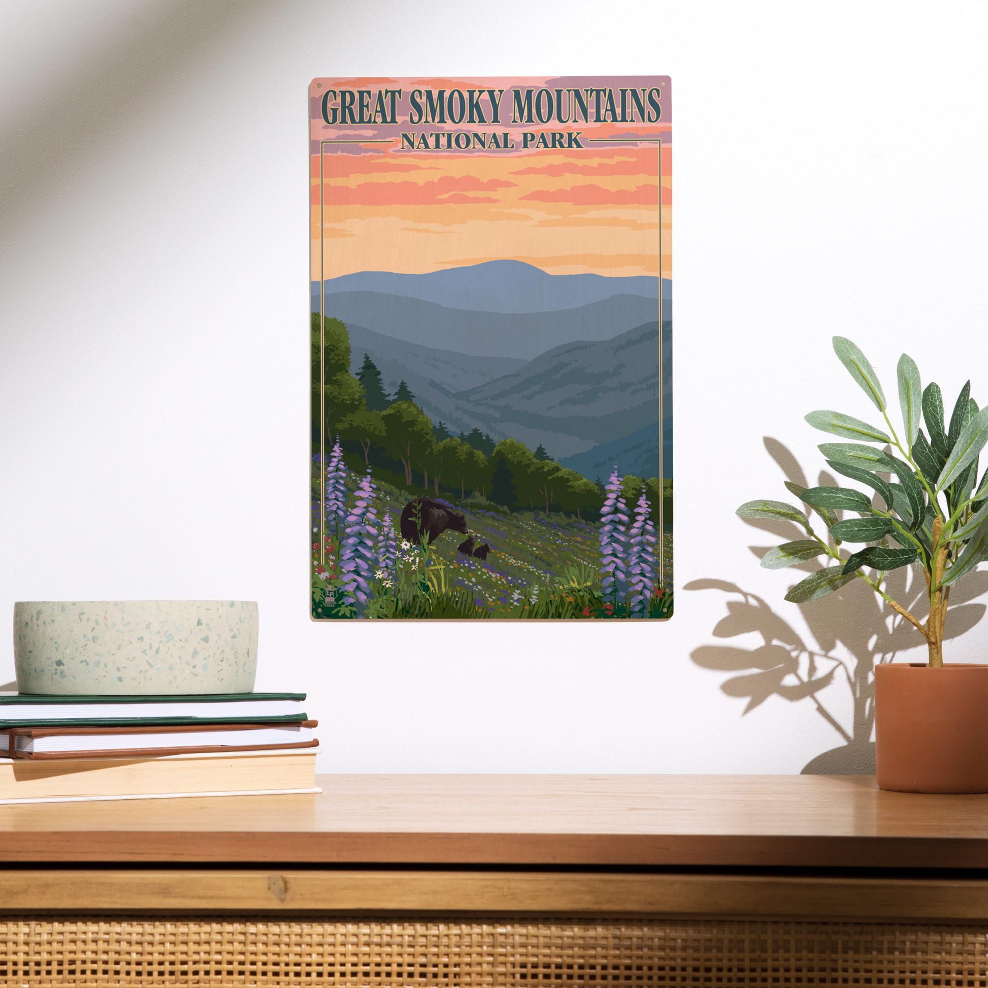 Lantern Press 10x15 Inch Wooden Wall Sign - Ready to Hang Smoky Mountains National Park Decor with Bear & Spring Flowers Design - Perfect for Cabin, Living Room or Outdoor Patio Decor