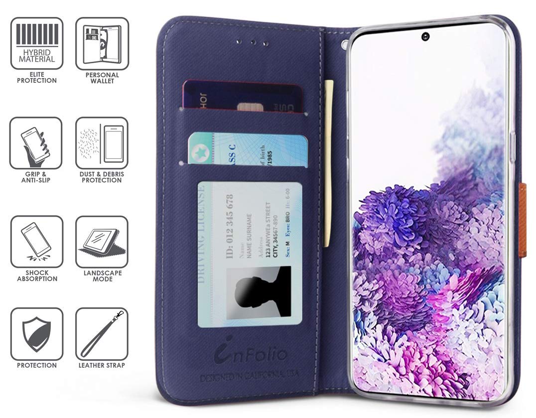 Galaxy S20 Wallet Case with Card Slot & Stand - Navy Blue/Brown for Work & Travel
