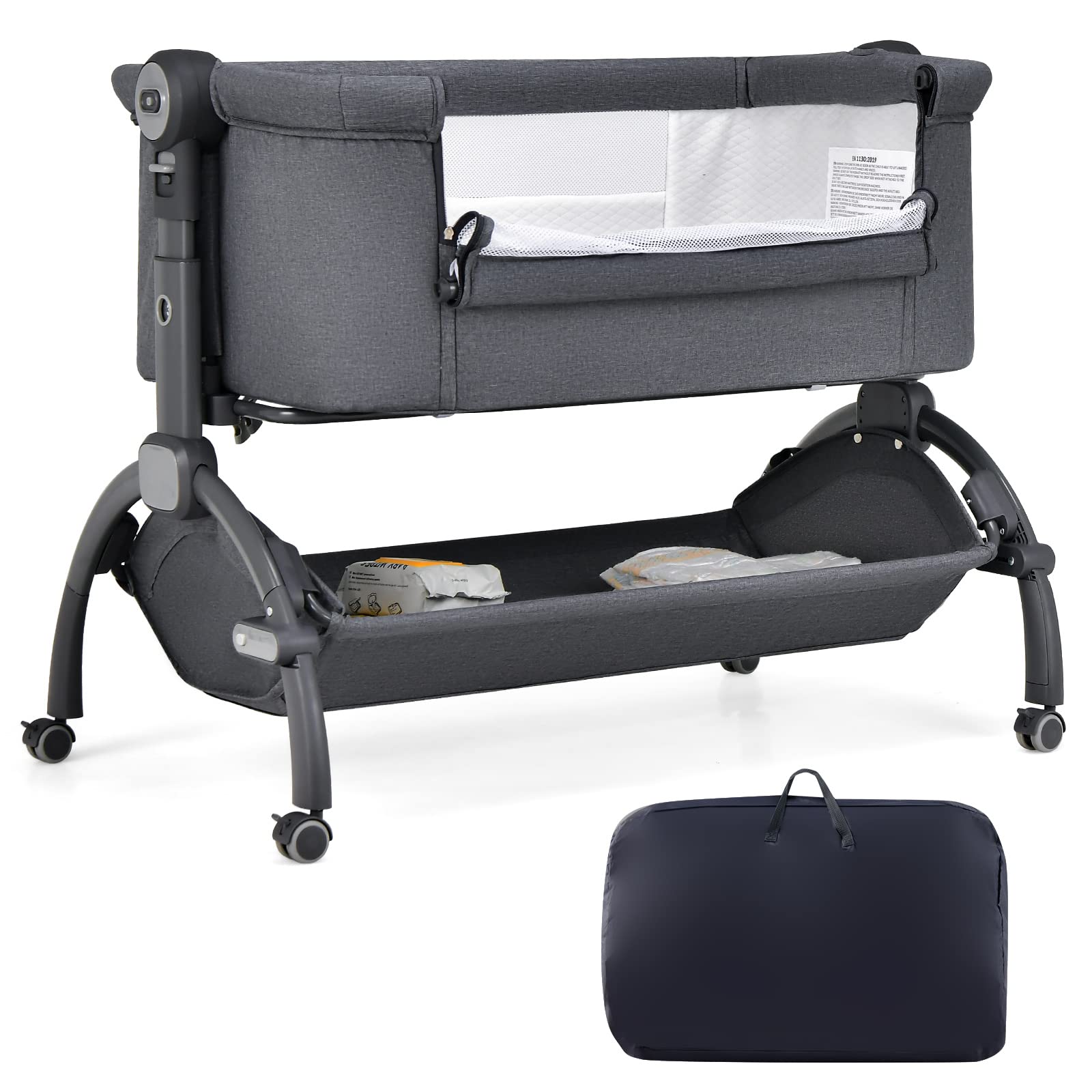 HONEY JOY 3-in-1 Portable Baby Bassinet & Bedside Sleeper with Soft Mattress, Storage Basket & Carry Bag - Adjustable Height Crib for Newborns, Infant Travel Crib with 4 Lockable Wheels (Gray) | Perfect for Nursery, Bedroom Co-Sleeping & Family Travel