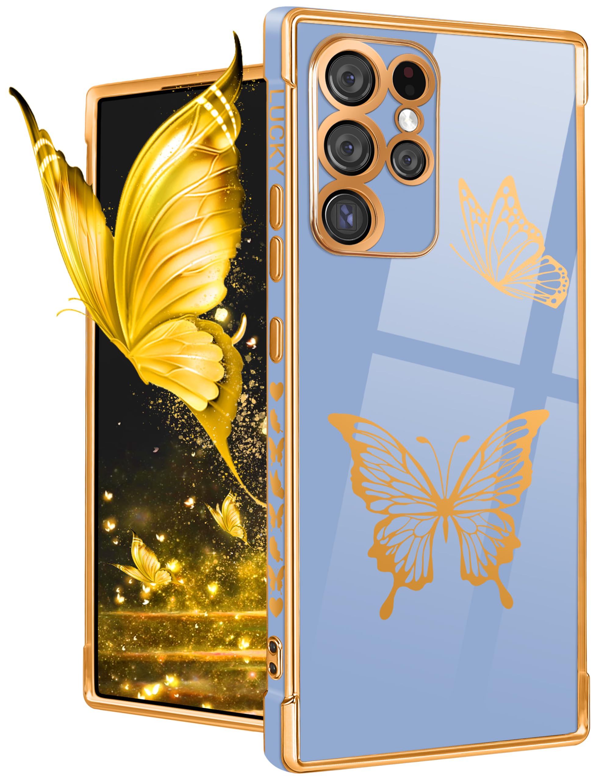 Elegant Blue & Gold Plated Butterfly Luxury Case for Samsung Galaxy S23 Ultra (2023) 6.8