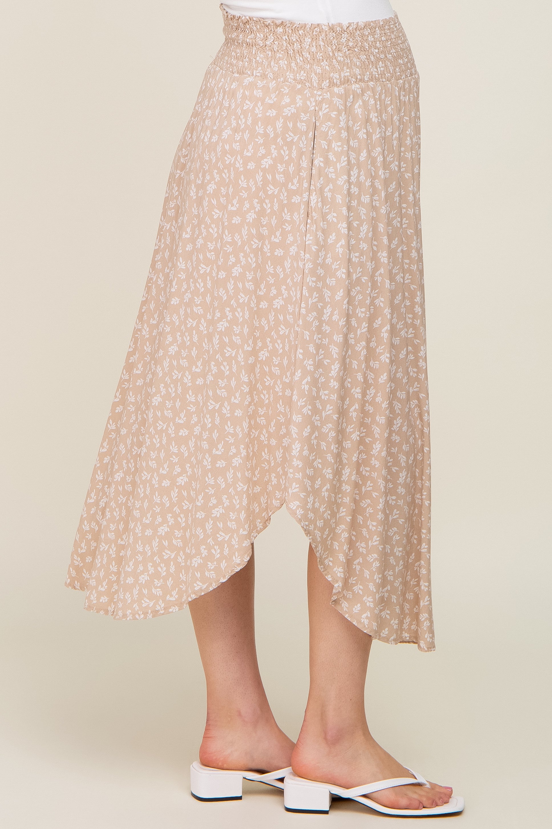Beige Leaf Print Smocked Maternity Midi Skirt - Comfortable Stretchy Pregnancy Dress for Women, Perfect for Baby Shower, Maternity Photos & Summer Outfits