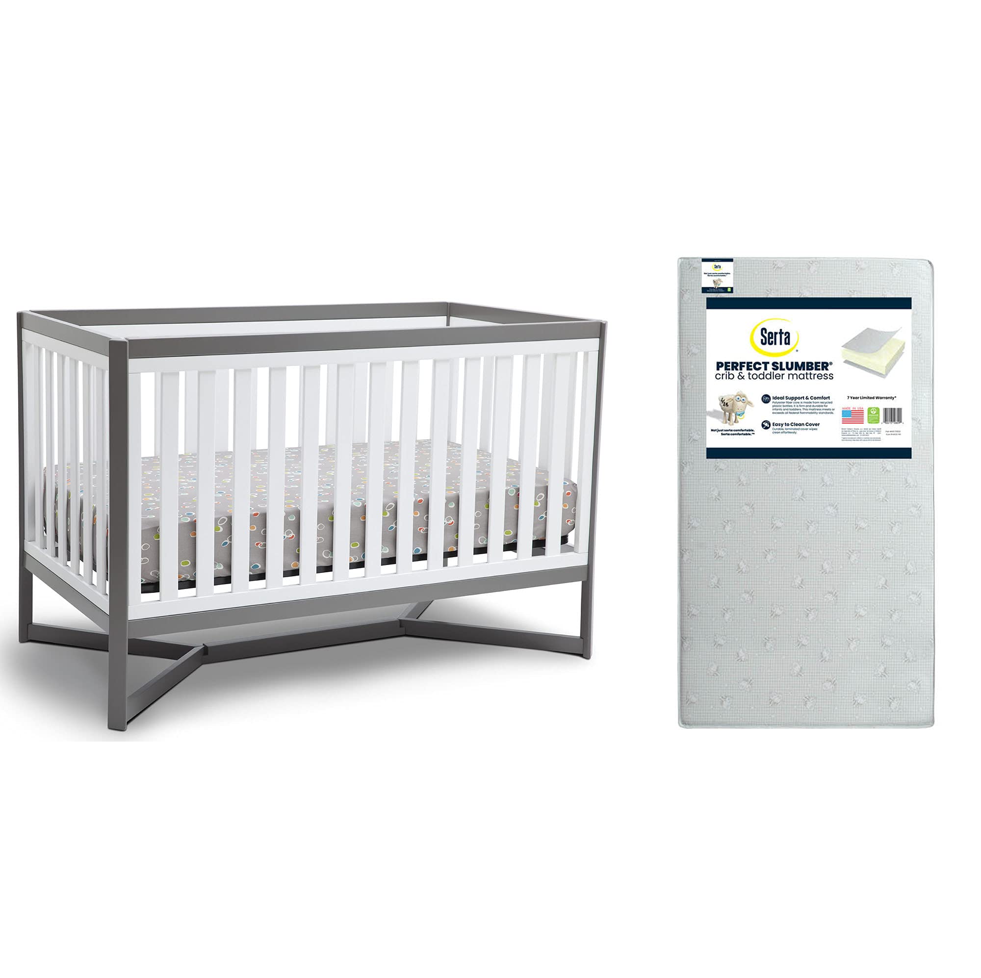 Delta Children Tribeca 4-in-1 Convertible Baby Crib with Serta Perfect Slumber Dual-Sided Mattress - Waterproof, Hypoallergenic, GREENGUARD Gold Certified - Grey/White | Nursery Furniture for Newborns, Infants & Toddlers | Safe Sleep Solution for Modern Parents