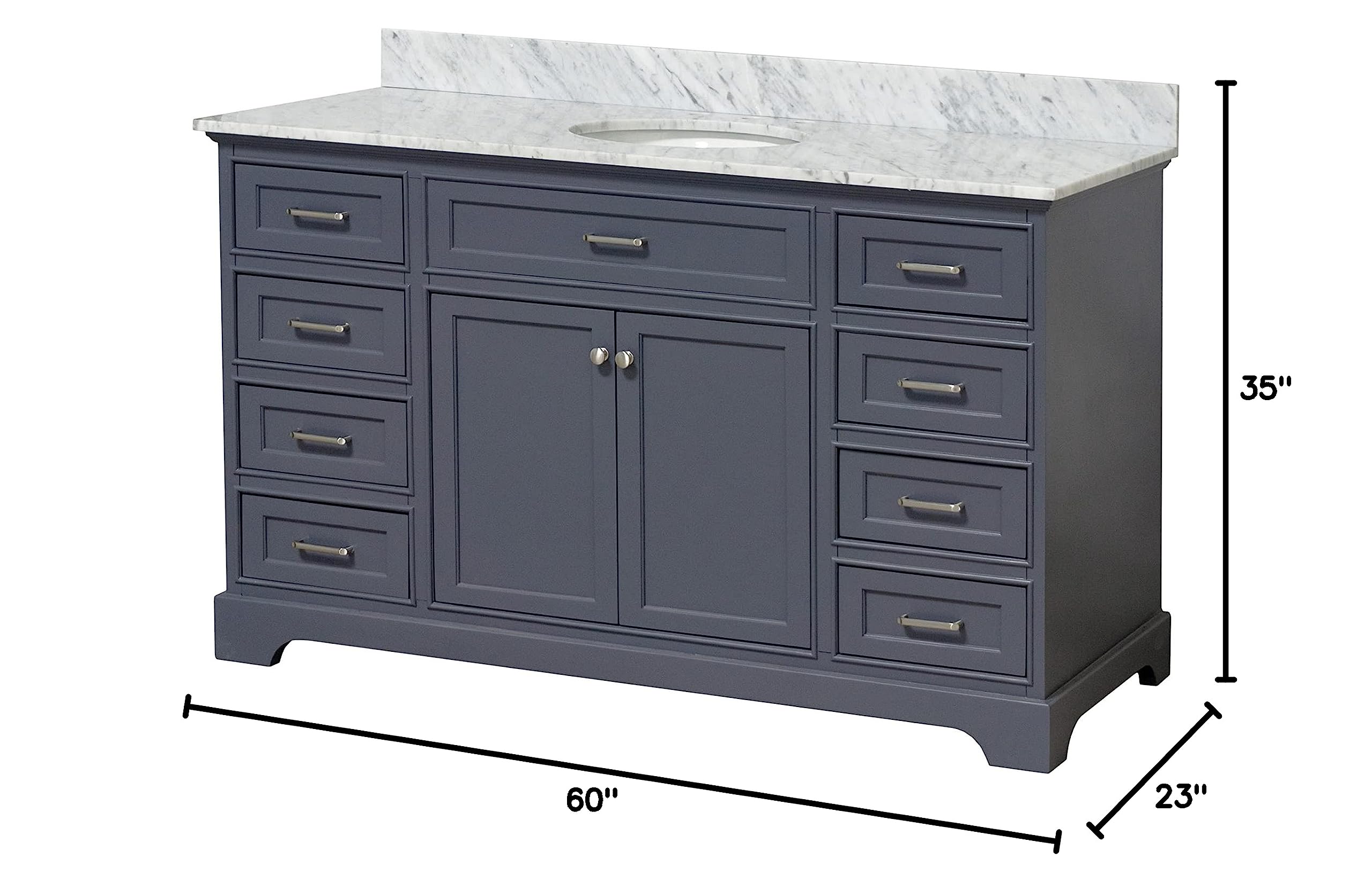 Aria 60-inch Single Bathroom Vanity with Carrara Marble Top & Ceramic Sink - Marine Gray Cabinet & Italian Marble Countertop - Perfect for Modern Bathroom & Powder Room Renovations