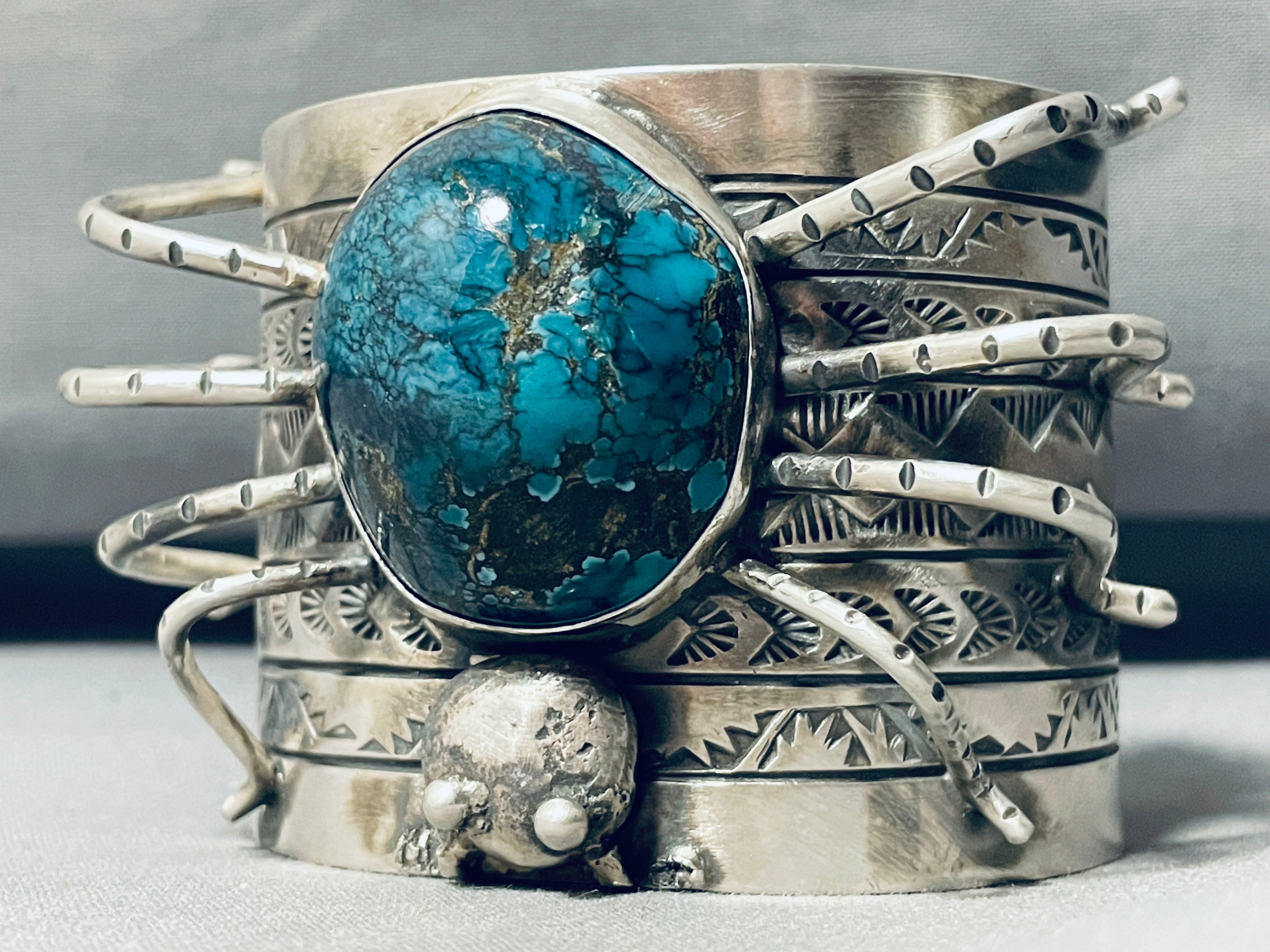 179 Grams Navajo Sterling Silver Spider Bracelet - Authentic Native American Turquoise Jewelry for Women, Boho Chic Fashion Accessory for Casual Wear & Special Occasions