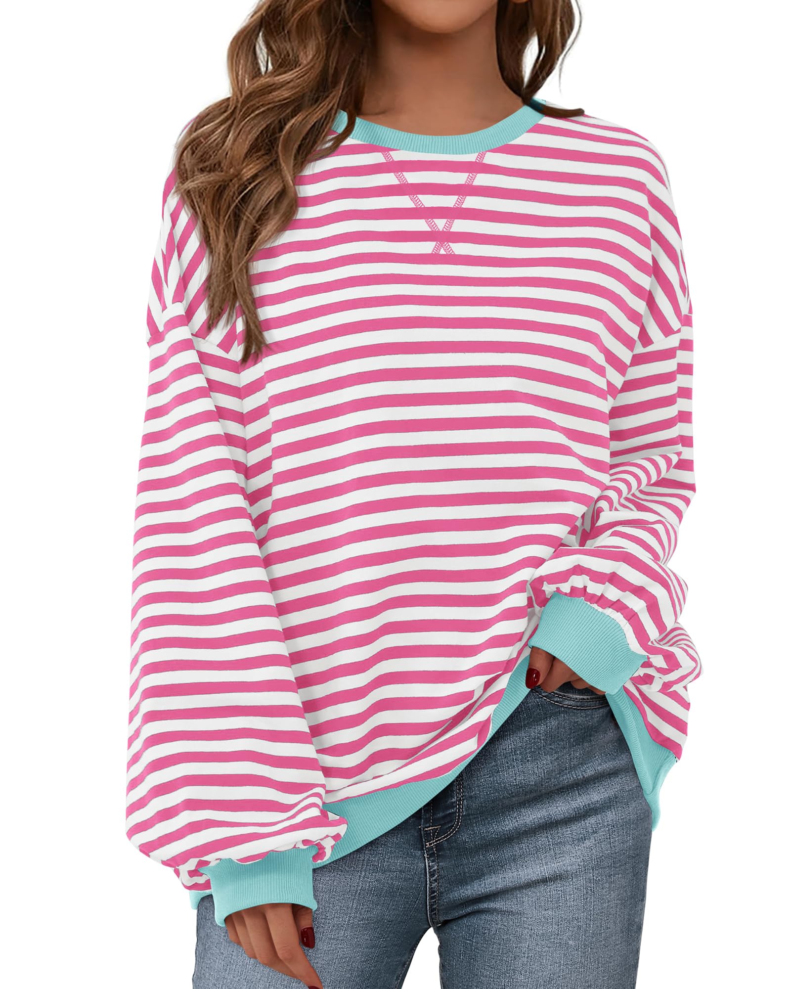 BTFBM Women's Striped Pullover Sweatshirt - Soft Long Sleeve Crewneck Y2K Style Loose Fit Fall Fashion 2025 | Casual Outfits, Streetwear, Layering for Cool Weather