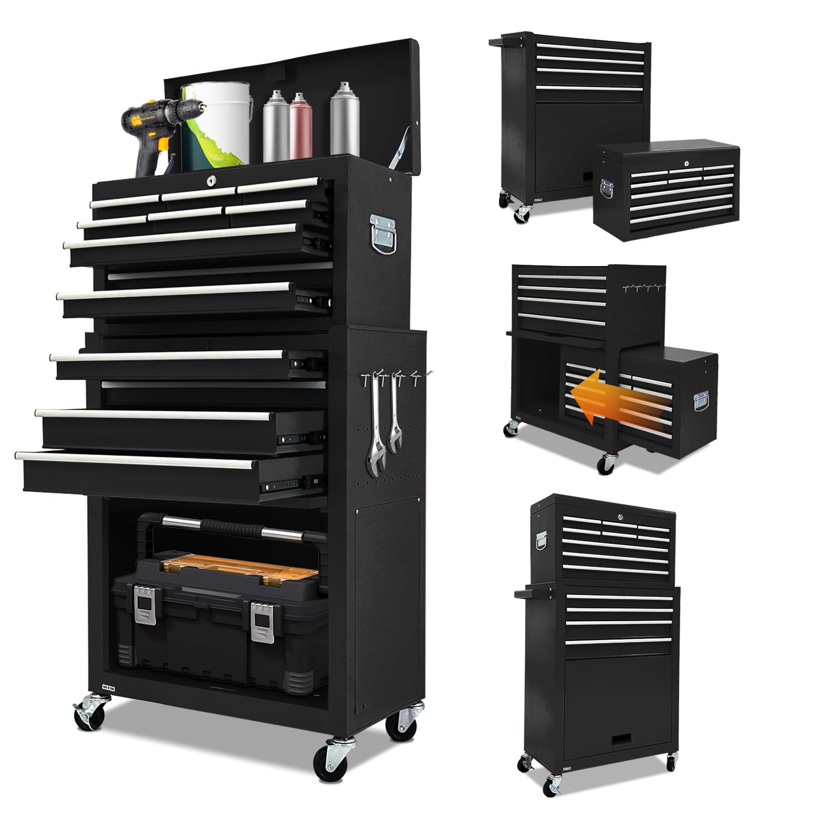 13-Drawer Rolling Tool Chest with Detachable Toolbox - Heavy Duty Metal Tool Storage Cabinet with Sliding Drawers for Garage, Workshop & Mechanic Tools Organization (Black) - Perfect for Automotive Repair, DIY Projects & Professional Workspaces