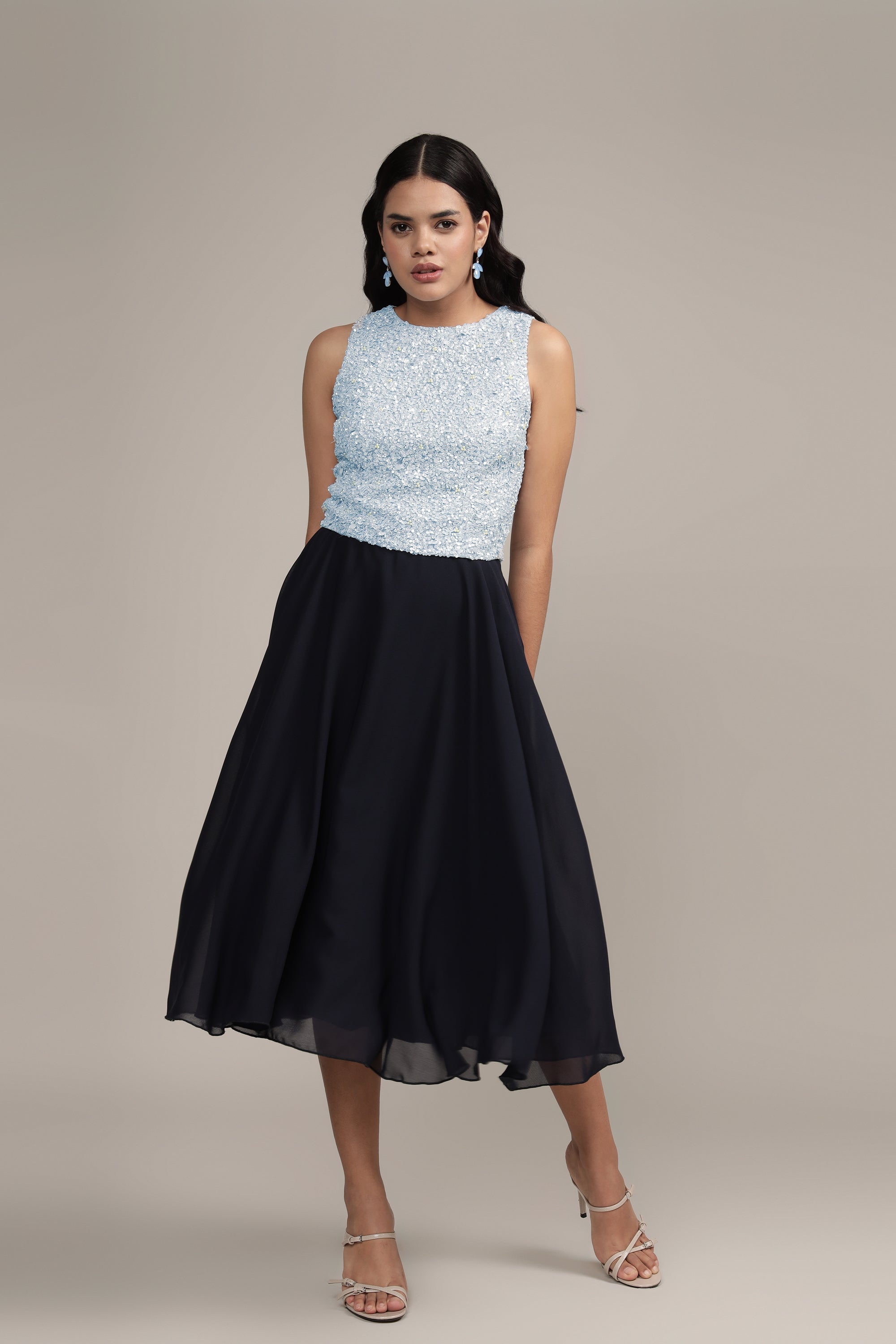 Light Blue Embellished Picasso Top for Women | Elegant Blouse for Casual Wear, Office & Special Occasions