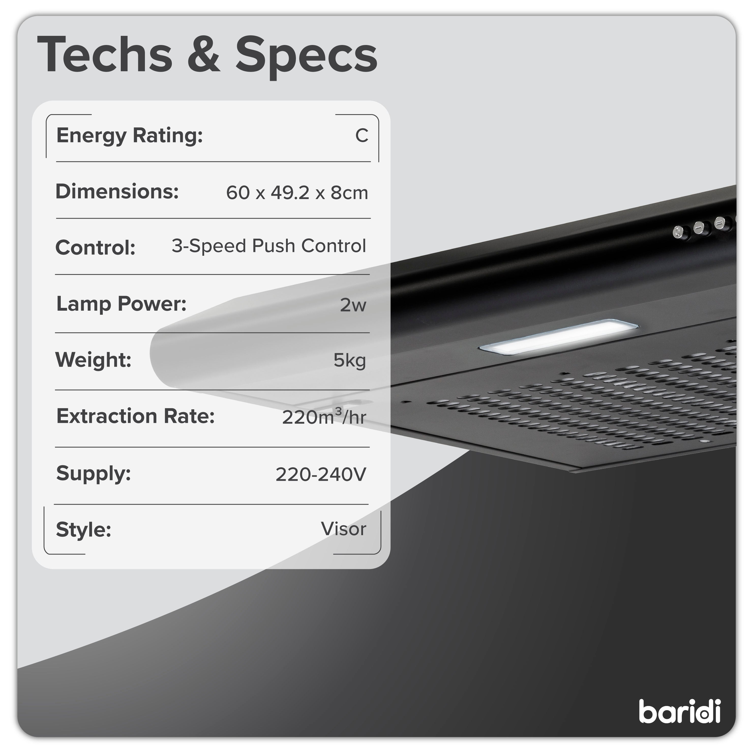 Baridi 60cm Under Cabinet Range Hood - Black Kitchen Extractor Fan with Powerful Ventilation - Perfect for Small Kitchens, Apartments & Cooking Spaces (Model DH107)