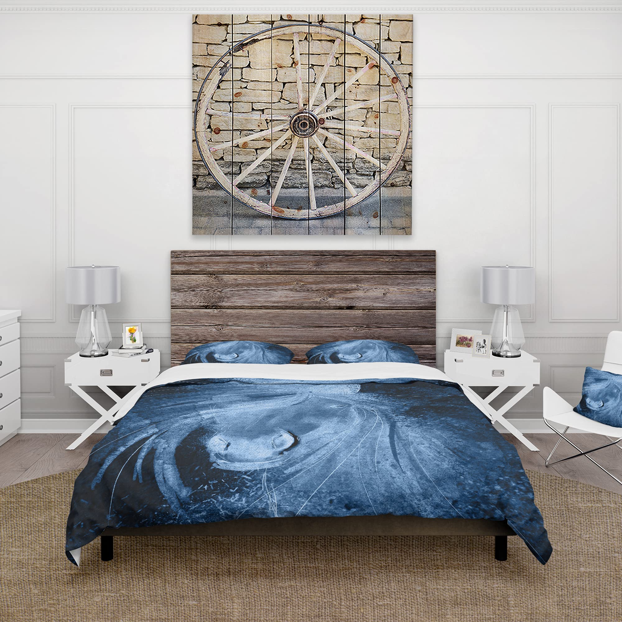 DesignQ Farmhouse Horse XII Blue Duvet Cover Set King Size - 3 Piece All Season Bedding Set | Rustic Farmhouse Decor for Master Bedroom & Guest Room