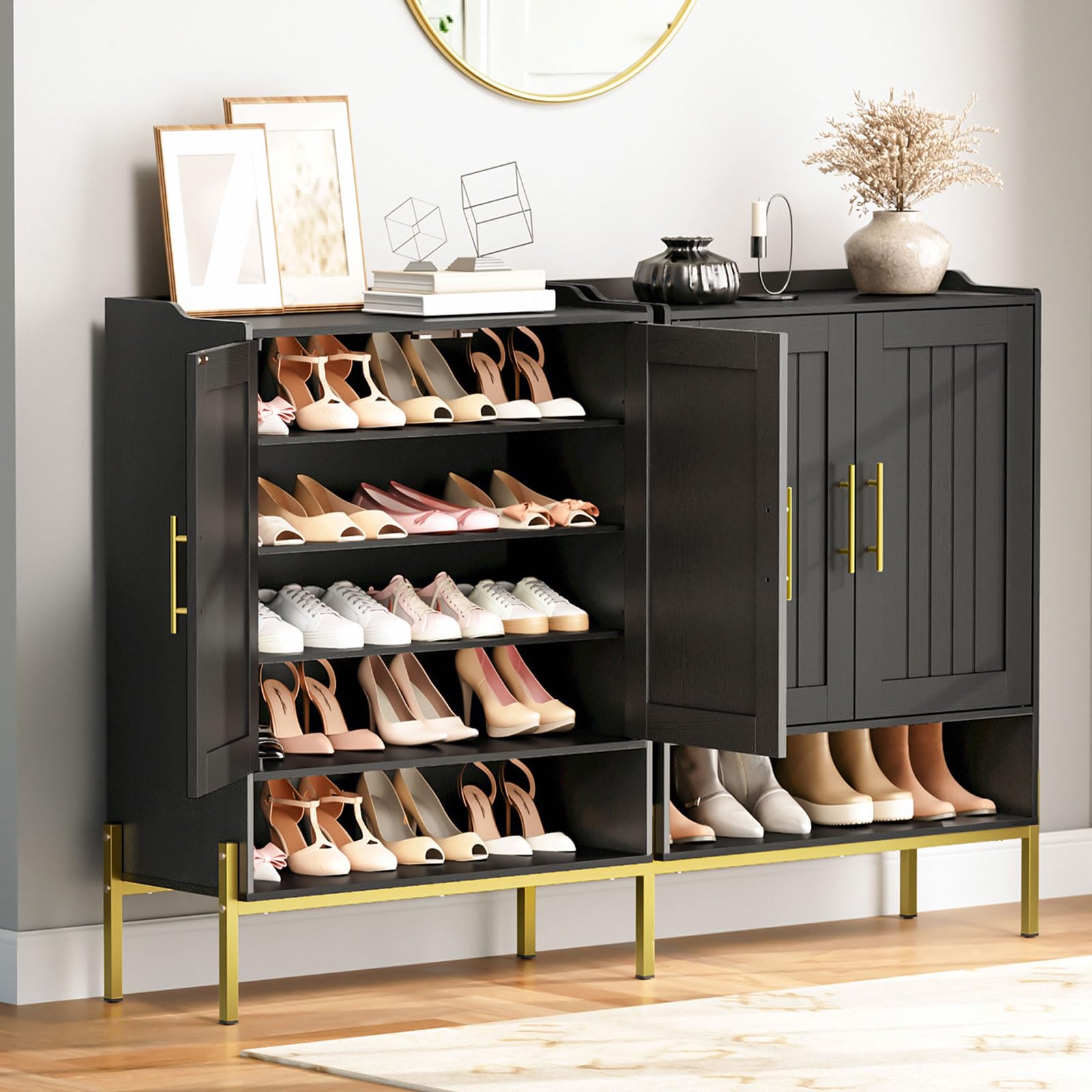 HOOBRO 5-Tier Wooden Shoe Cabinet with Doors - Freestanding Shoe Storage Organizer for Entryway & Hallway, Adjustable Shelves, Gold & Black (DB41SC01) - Perfect for Small Spaces, Apartment Living & Closet Organization