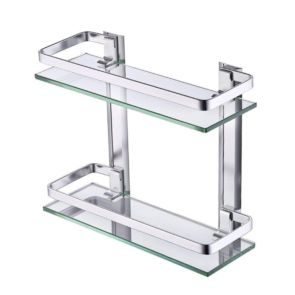 Wall Mounted Bathroom Glass Shelf - 2-Tier Silver Rectangular Storage Shelf for Bathroom, Kitchen & Living Room - Perfect for Organizing Toiletries, Spices & Decor Items