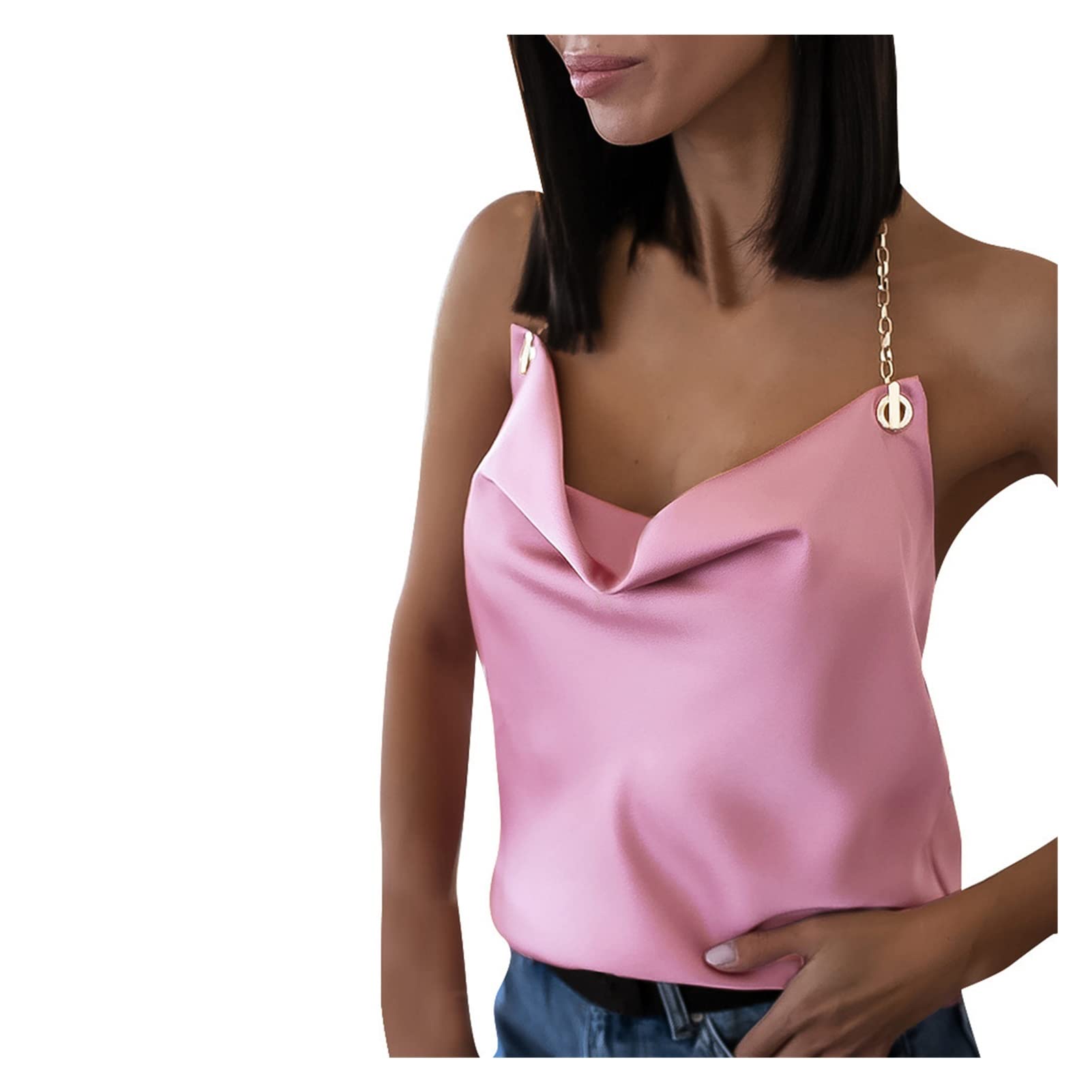 EKDSPW Women's Satin Sleeveless V-Neck Tank Top with Metal Chain - Summer Camisole Tee Shirt (Pink, Size S) | Perfect for Casual Wear, Layering & Night Out