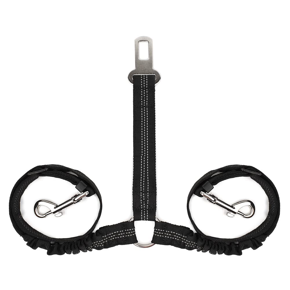 SlowTon Adjustable Double Dog Seat Belt - Y-Shape No Tangle Pet Car Harness with Elastic Bungee & Reflective Safety Leash for Vehicle Travel | Perfect for Road Trips with Two Dogs (Black, Medium)