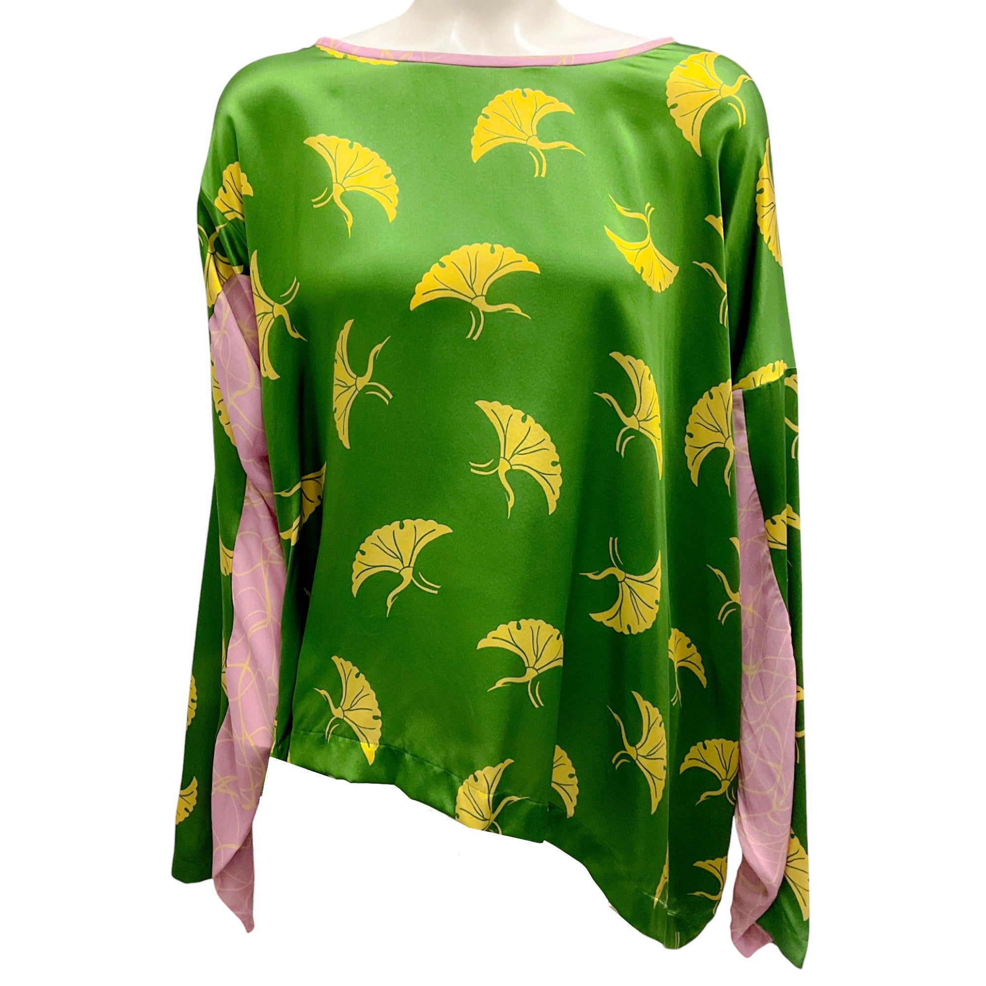 Dries van Noten Women's Pink & Green Floral Printed Silk Blouse - Elegant Long Sleeve Shirt for Work, Party & Special Occasions