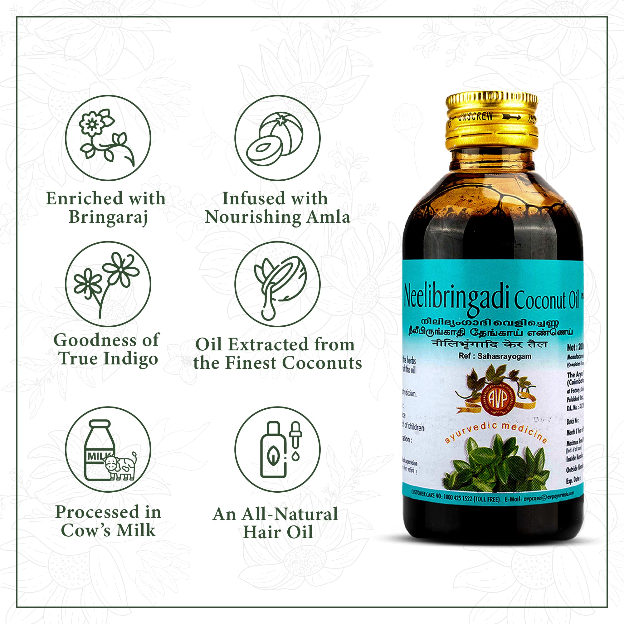 AVP Ayurveda Neelibringadi Coconut Oil 200ml - Natural Hair Growth Oil for Daily Use | Prevents Premature Greying, Reduces Dandruff & Strengthens Hair | Infused with Bringaraj, Neeli, Karnasphota & Amla | Coconut Oil Base | Perfect for Scalp Massage & Hair Care Routine