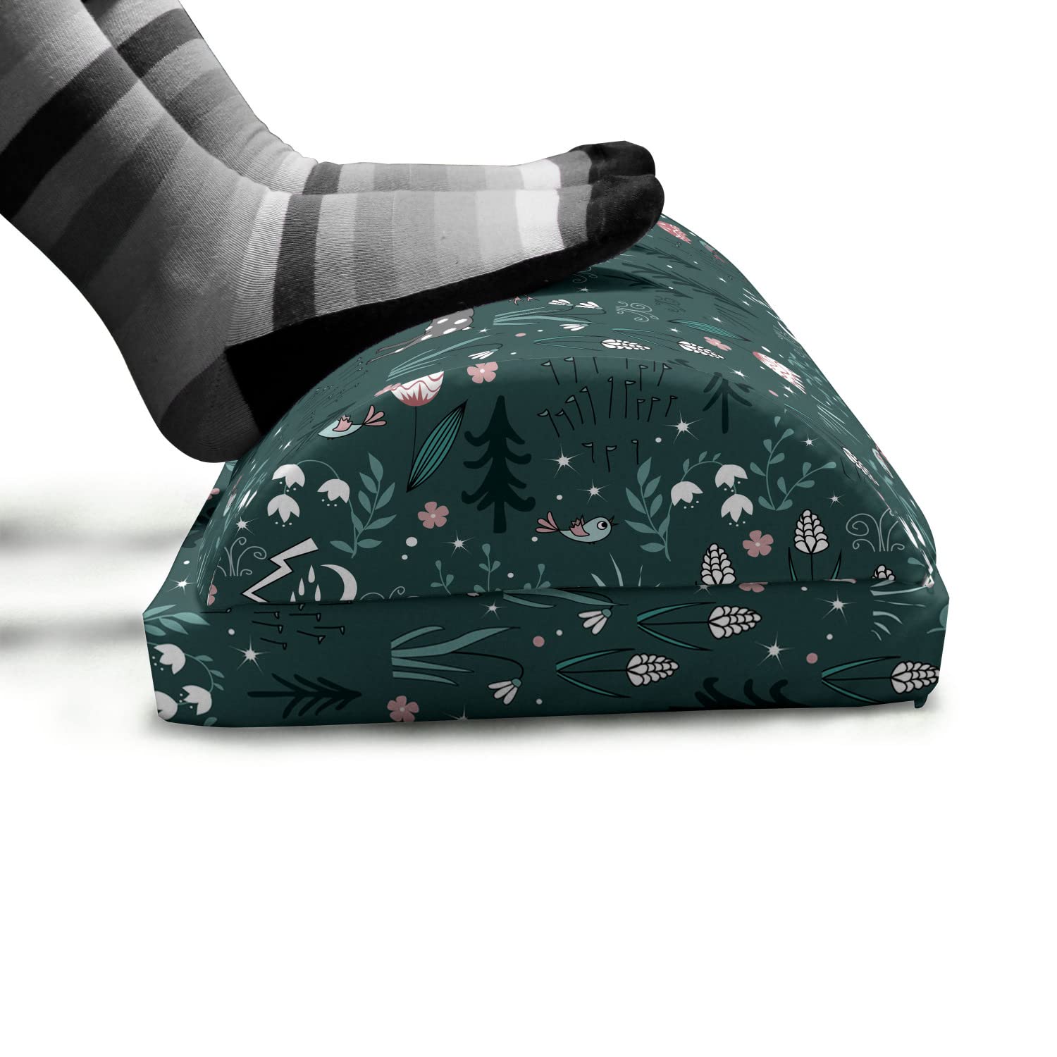 Ambesonne Adjustable Ergonomic Memory Foam Foot Rest with Non-Slip Backing - Botanical Winter Design Featuring Tulips, Reindeer, Birds & Pine Trees in Grey Teal & Multicolor - Perfect for Office, Home & Gaming Comfort