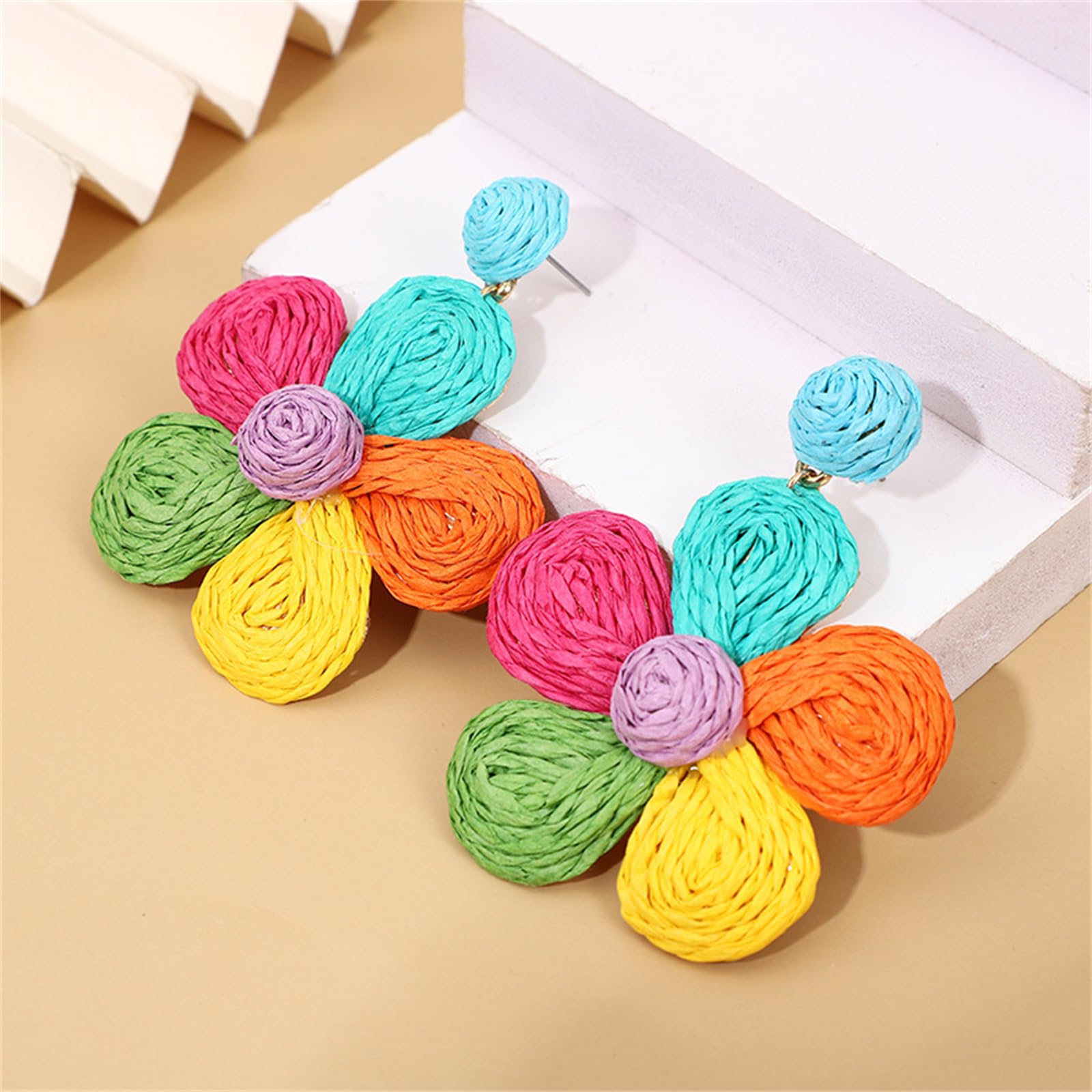 Handmade Bohemian Rattan Flower Dangle Earrings for Women - Colorful Daisy Straw Wrapped Statement Earrings | Perfect for Summer Beach Vacations, Music Festivals & Boho Fashion Outfits
