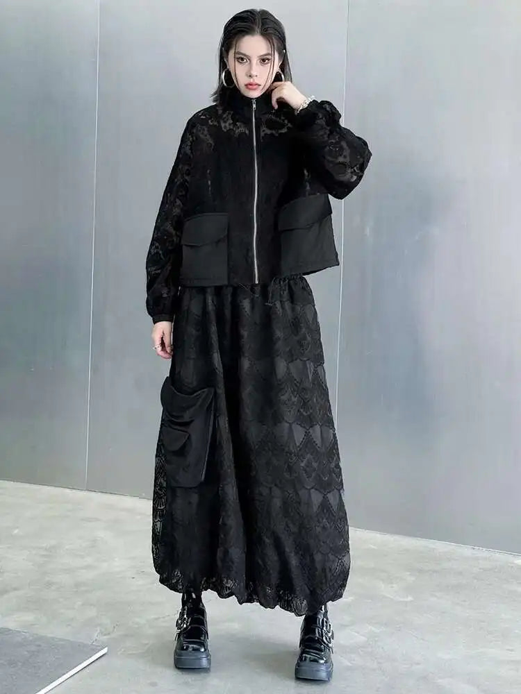 Elegant Black Lace Jacket & Pocket Skirt Two-Piece Set with Stand Collar & Long Sleeves - Women's Fashion Outfit for Spring & Fall 2025 (Style 1DJ0248) | Perfect for Office Wear, Date Nights & Special Occasions