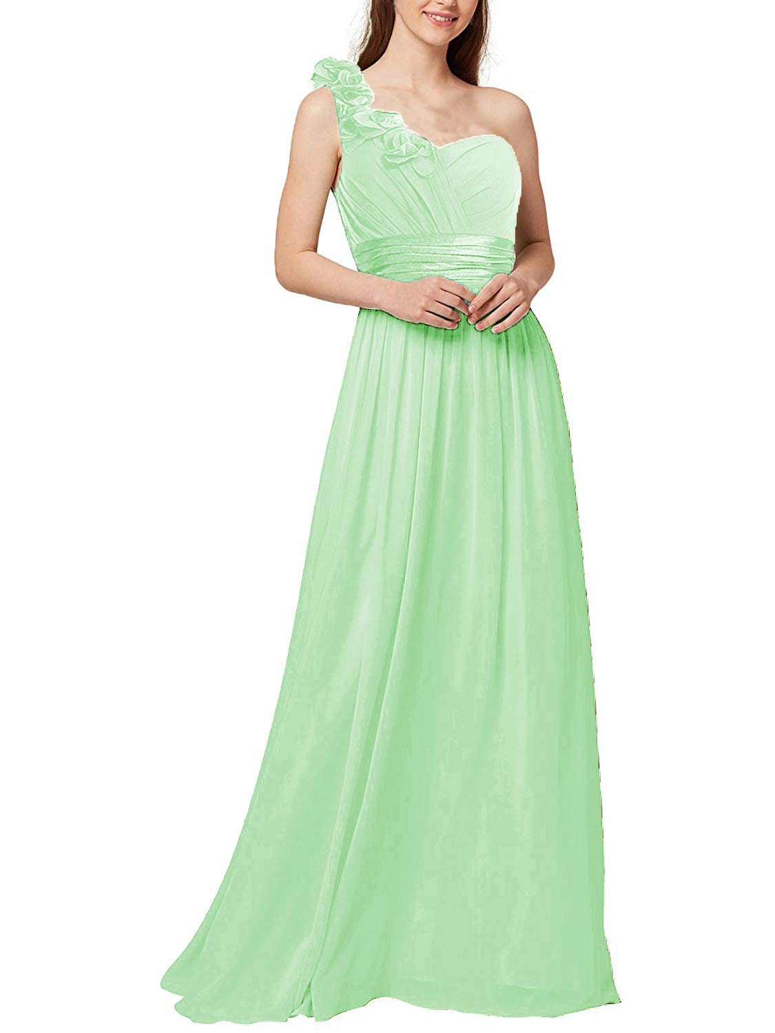Elegant One Shoulder Prom Dress for Women - Flowy Pleated Chiffon Evening Gown with Floral Details | Perfect for Bridesmaid, Formal Events & Special Occasions