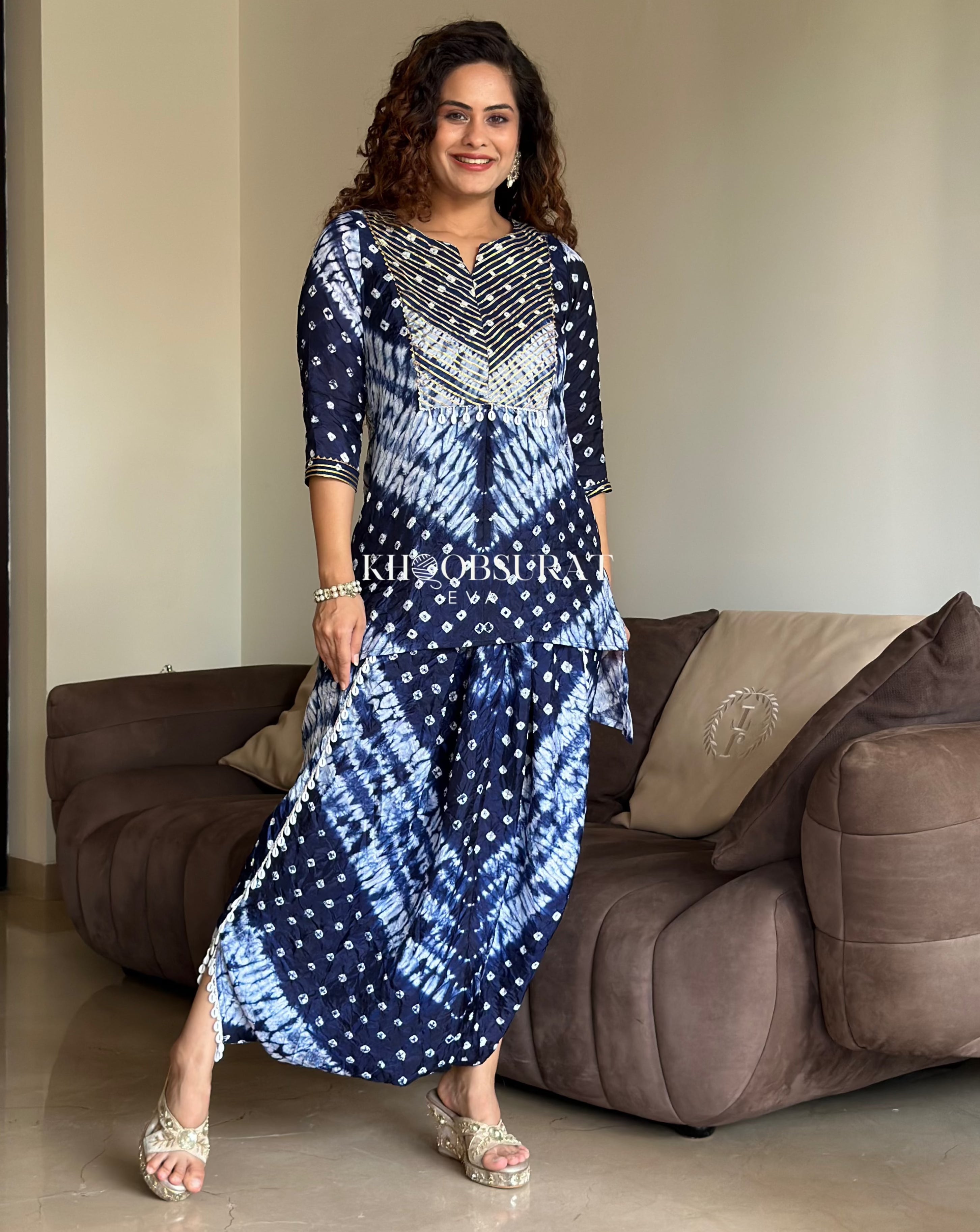 Gota Bandhej Blue Ethnic Coord Set for Women | Traditional Indian Kurti & Dupatta Outfit | Perfect for Festivals, Weddings & Cultural Events