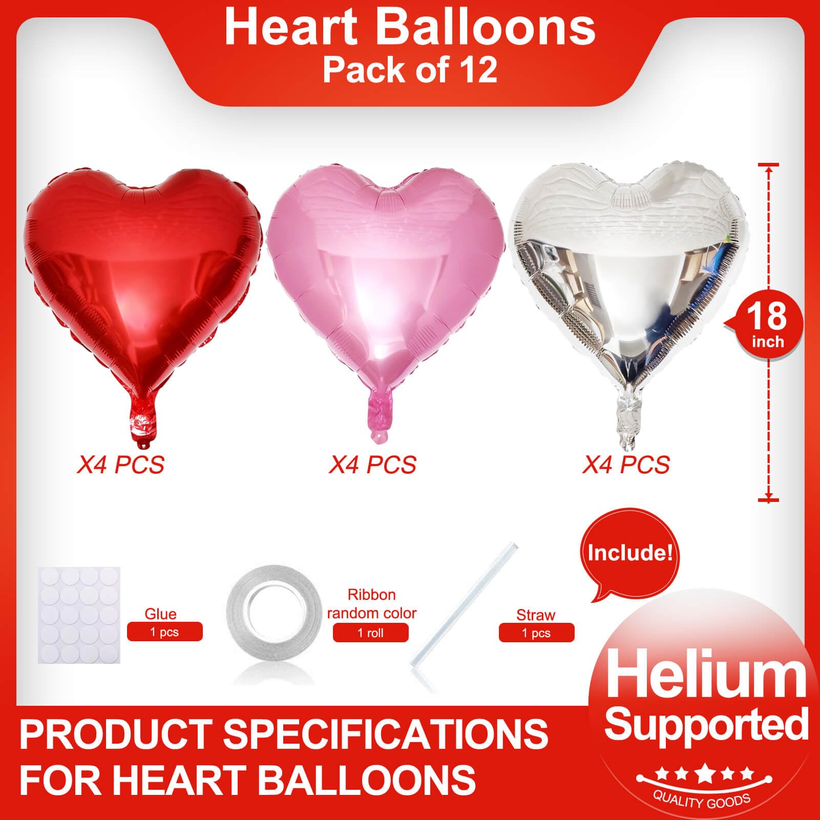 12 Pack Red Heart Shaped Balloons - 18 Inch Silver Love Valentine's Day Balloons for Wedding, Bridal Shower, Engagement Party Decorations | Romantic Pink Heart Balloons for Proposals & Anniversary Celebrations