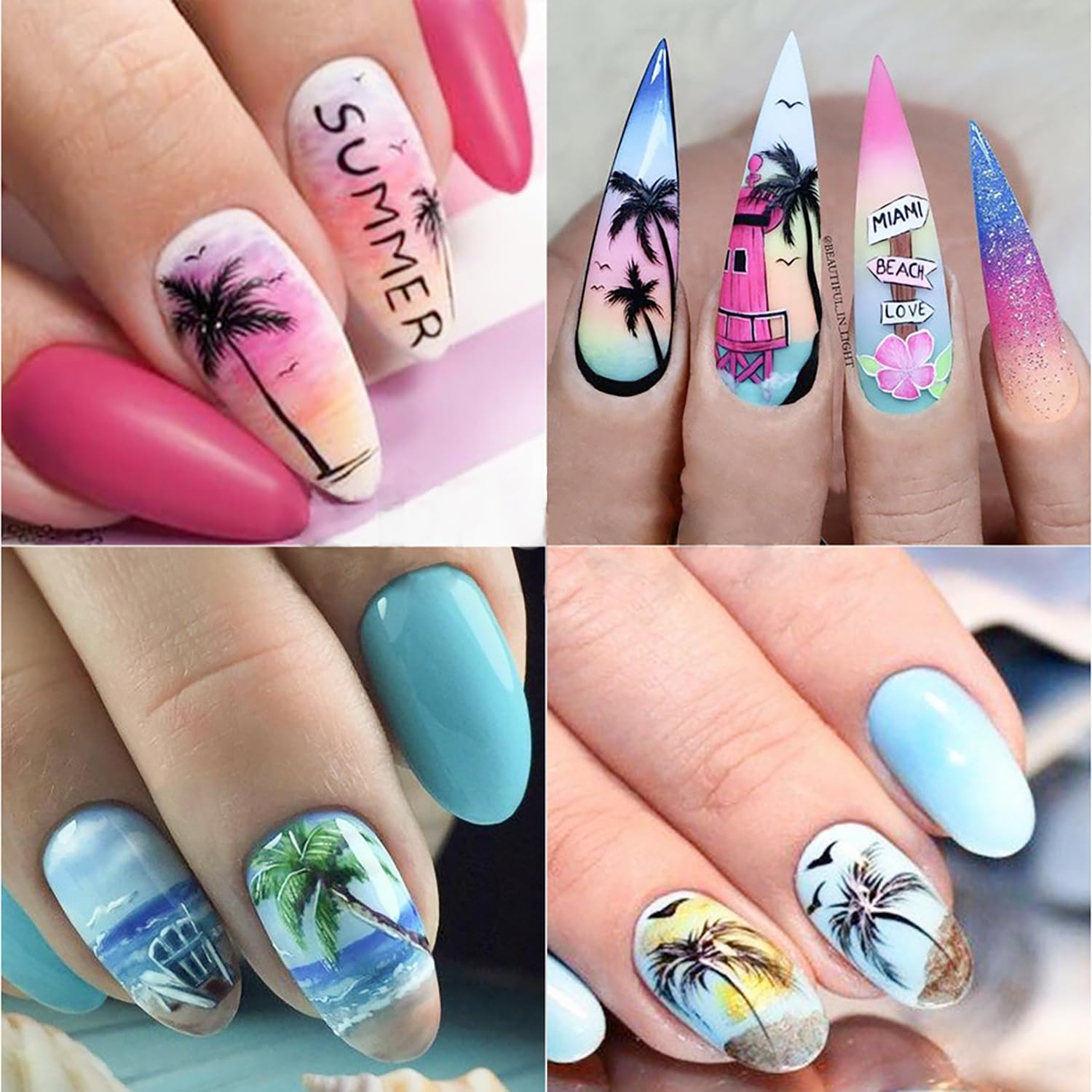 8 Sheets Coconut Tree Nail Art Stickers - 3D Self-Adhesive Summer Nail Decals with Black Gold Laser, Silver & Colorful Gradient Designs - Nail Art Supplies for Women - Perfect for Beach Vacations, Pool Parties & Tropical Summer Nail Designs