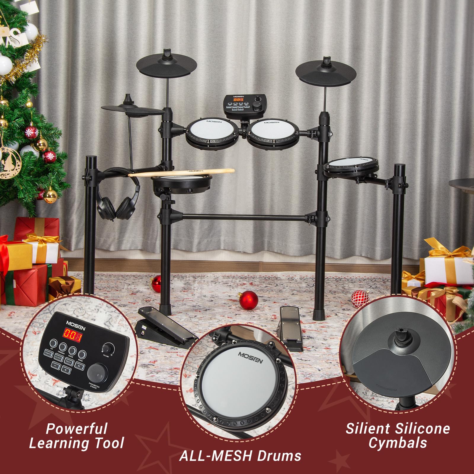 MOSEN MED-X3 Electric Drum Set - 4 Quiet Mesh Drum Pads, Cymbals, Drum Sticks, Headphones, USB MIDI, Kick Pedal - 195+ Sounds & 25 Drum Kits for Beginners - Perfect for Home Practice, Studio Recording & Silent Drumming Sessions