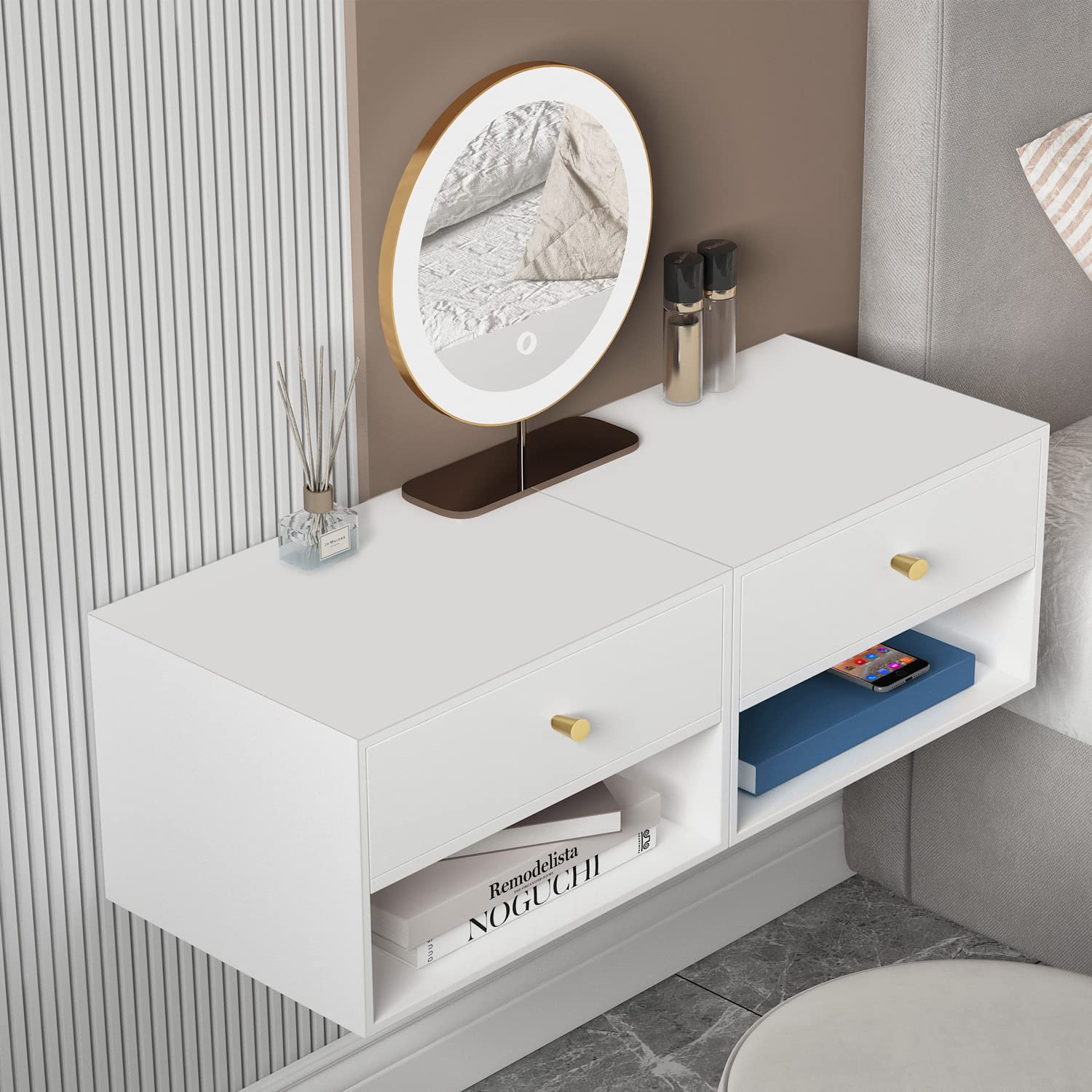 Modern Floating Nightstand with Drawer - White Wall Mounted Shelf for Bedroom & Living Room - Space Saving Storage Solution for Small Spaces