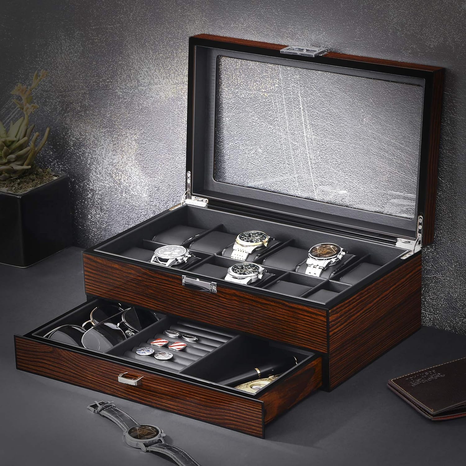 BEWISHOME 12-Slot Luxury Watch Box with Valet Drawer - Wooden Watch Organizer for Men with Real Glass Top & Metal Hinge - Perfect for Watch Storage, Display, and Travel (Brown, SSH02Y)