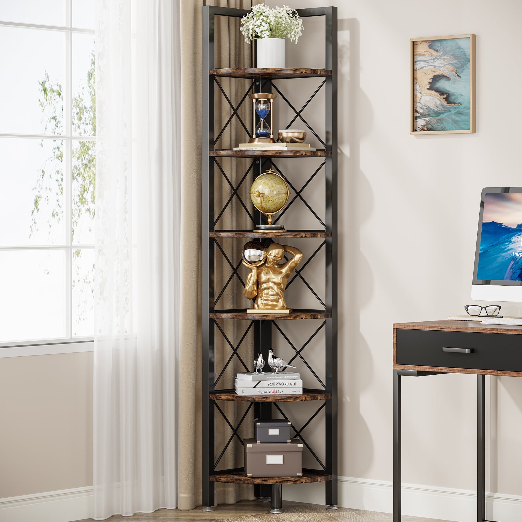 6 Tier Corner Shelf - Space Saving Bookshelf Organizer for Small Spaces | Perfect for Bedroom, Bathroom, or Office Storage