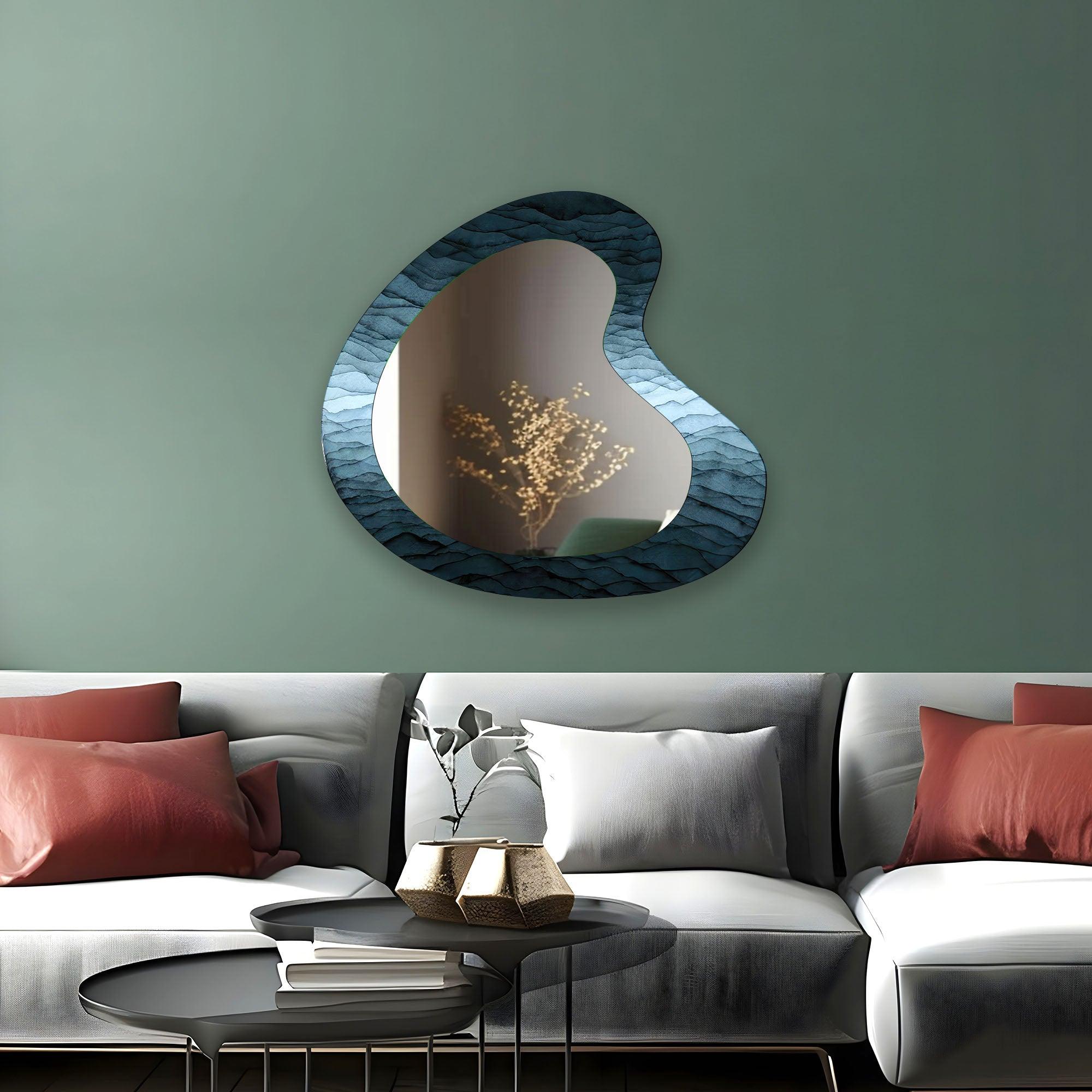 Abstract Blue Asymmetrical Wall Mirror - Modern Decorative Mirror for Living Room, Bedroom, Entryway - Unique Handmade Art Piece for Home Decor