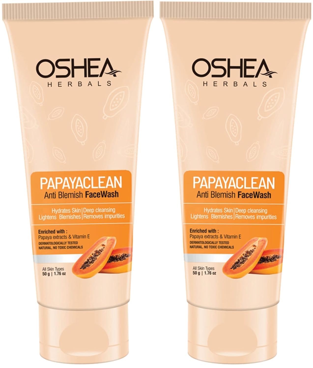 Oshea Herbals Papayaclean Anti-Blemish Gel Face Wash for All Skin Types - Lightens Blemishes & Brightens Skin with Papaya Extracts & Vitamin E - 50g (Pack of 2) | Gentle Daily Cleanser for Acne-Prone & Dull Skin, Perfect for Morning & Night Skincare Routine