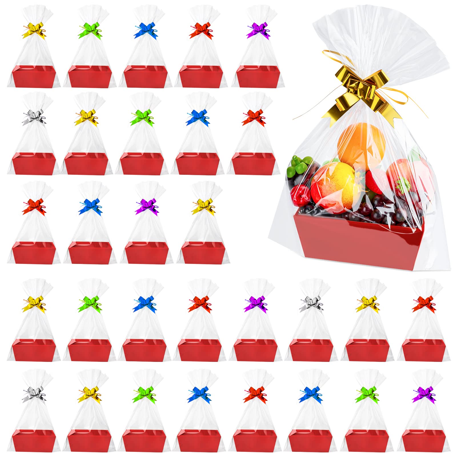 Fainne 106-Piece Gift Basket Set - 30 Empty Baskets with Handles, 40 Plastic Bags & 36 Multicolor Bows - Perfect for Christmas, Thanksgiving, Wedding & Birthday Party Gifts (Red) - Bulk Gift Wrapping Supplies for Holiday, Party & Corporate Events