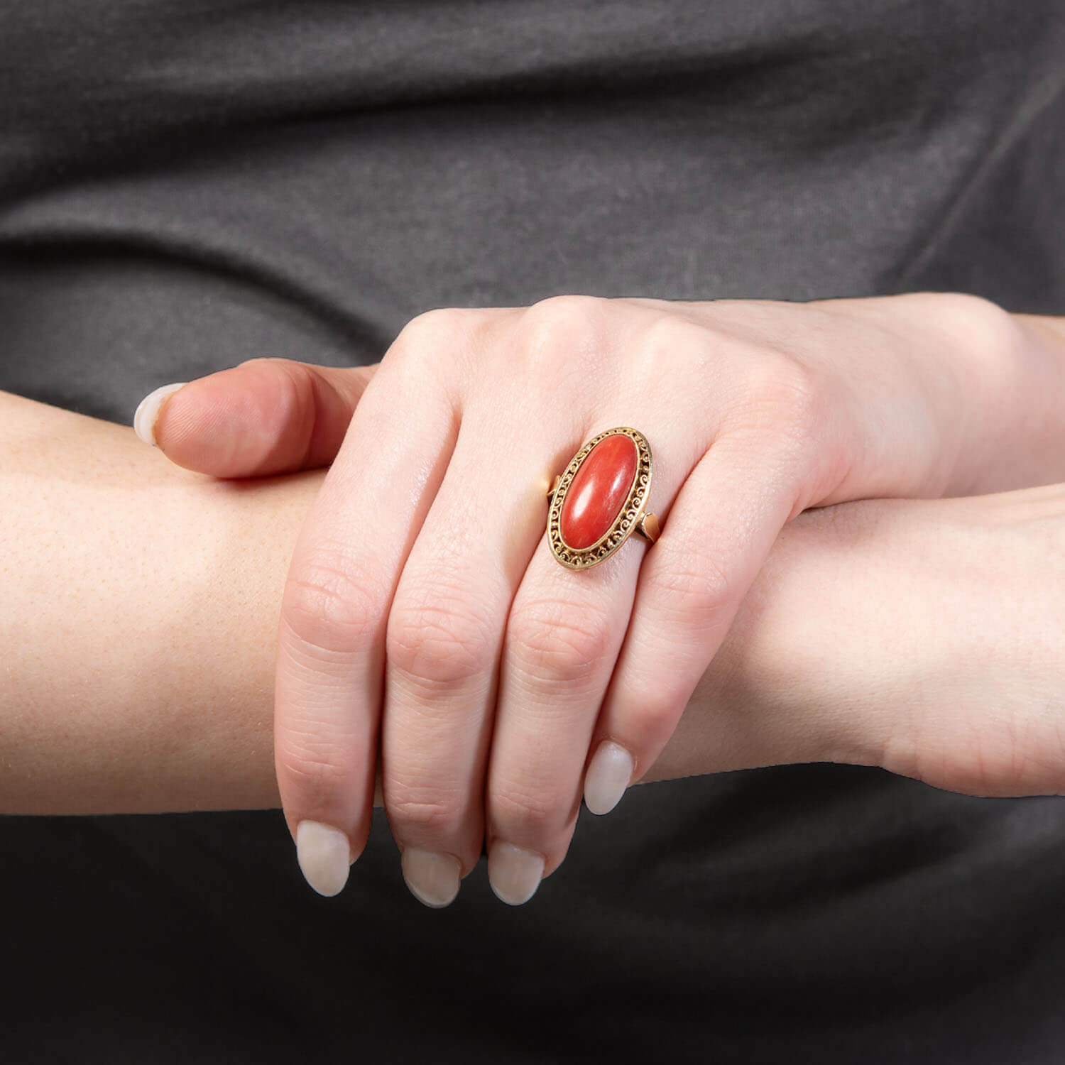 14K Gold Victorian Oxblood Coral Ring - Antique Jewelry for Women, Elegant Statement Piece for Weddings, Parties & Special Occasions