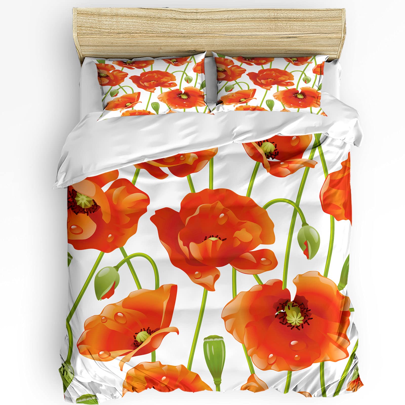 California King Duvet Cover Set - Red Poppy Floral Burlap Texture Botanical Design | Soft Bedding Set with 1 Comforter Cover & 2 Pillowcases | Perfect for Teens, Kids & Adults | Ideal for Master Bedrooms, Guest Rooms & Dorm Decor