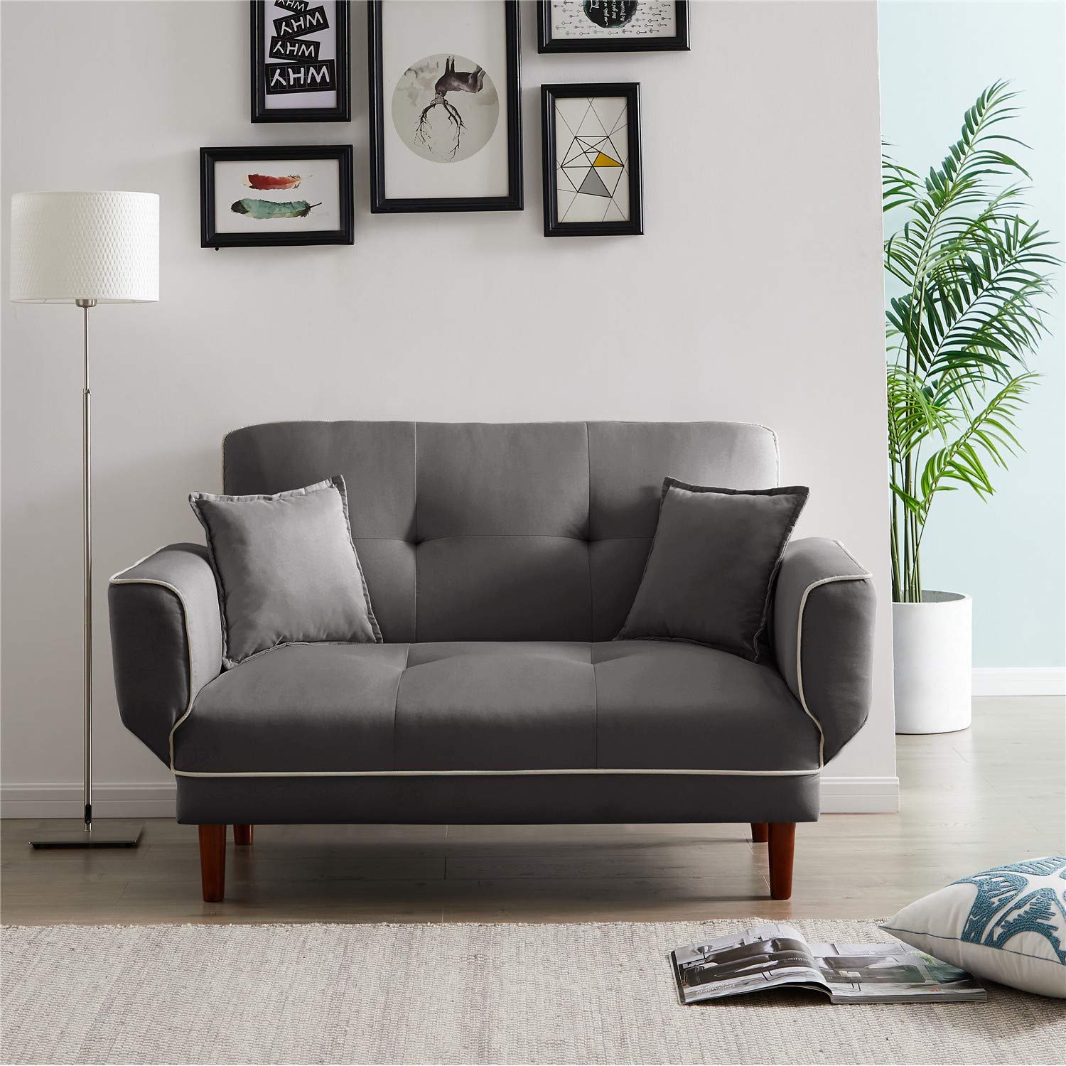 Modern Adjustable Sofa Bed for Living Room with 2 Pillows (Grey) - Convertible Sleeper Couch for Small Spaces, Guest Room & Apartment Furniture