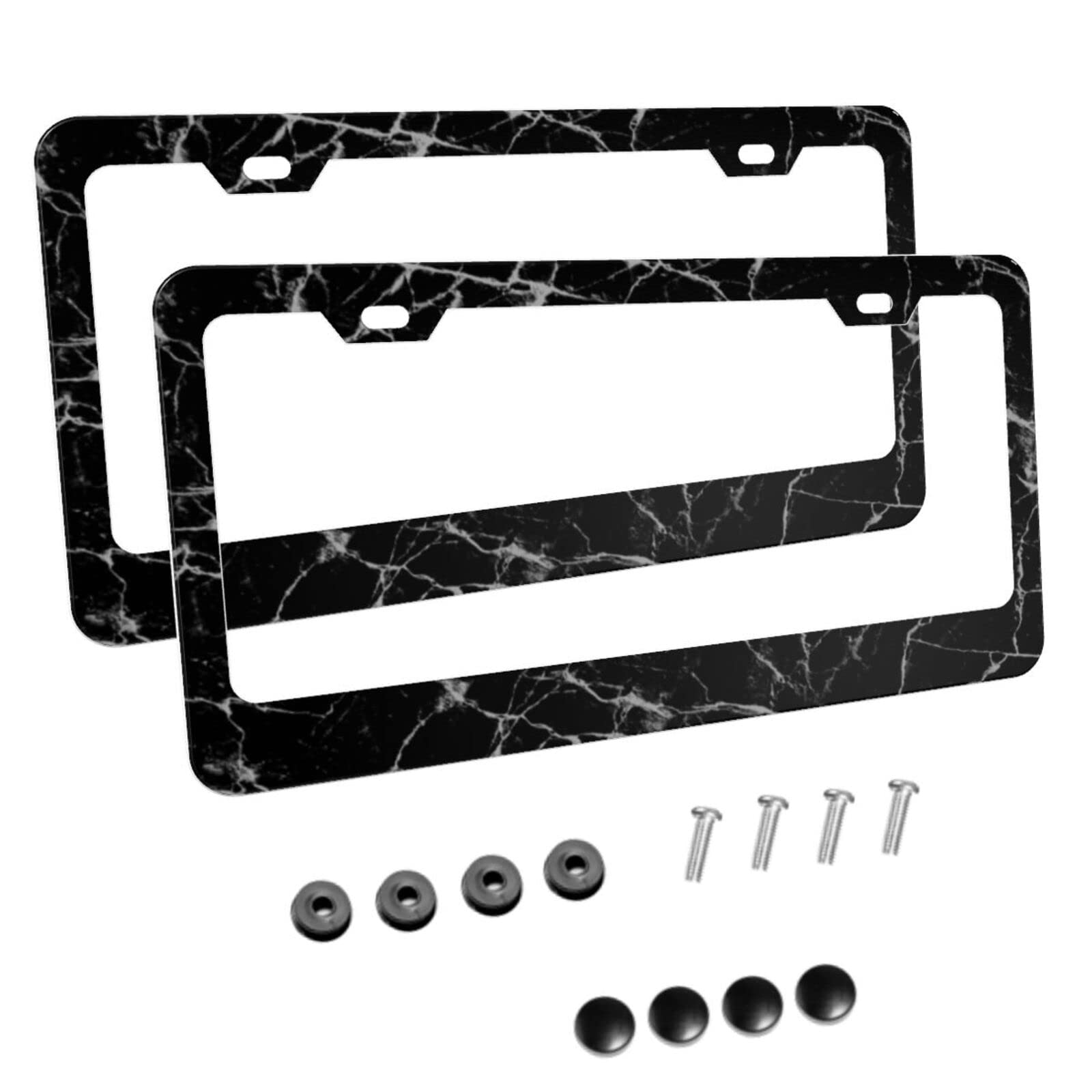 Premium Black & White Marble Matte Aluminum License Plate Frame with Black Screw Caps - 2 Pack (2 Holes) - Durable Car License Plate Cover Holder for US Vehicles - Perfect Gift for Men & Women - Ideal for Cars, Trucks, SUVs & Motorcycles